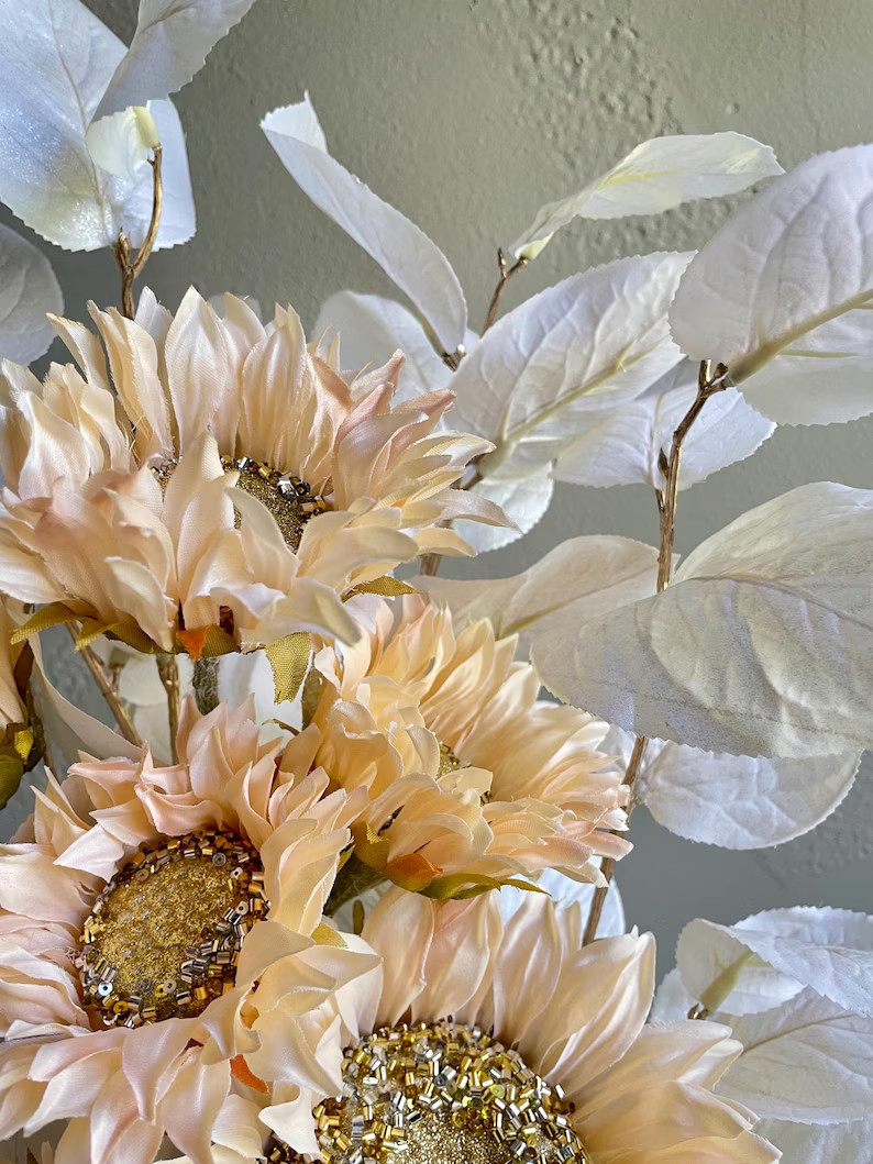 Peach Sunflowers Floral Arrangement: Fancy Table Centerpiece, Modern Home Decor