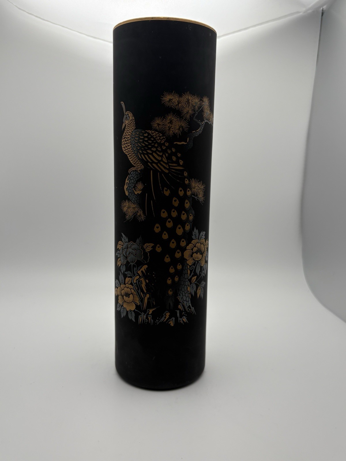 OTAGIRI Style Tall Black Vase with Flowers and Birds Gold Rim