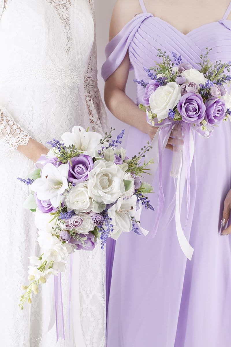 Floinla Bridal Bouquet Cascading, Lilac Purple & White Wedding Bouquets for B…