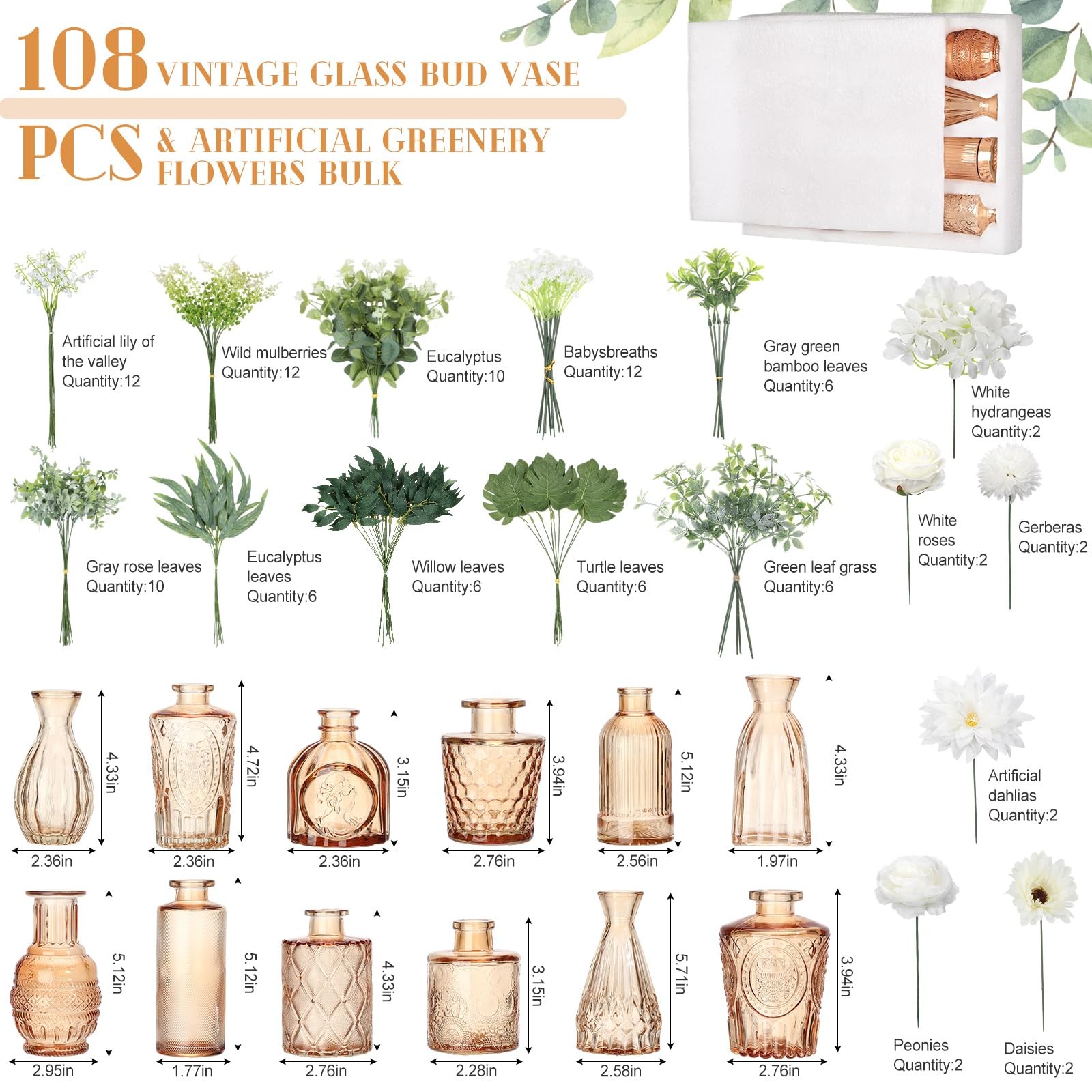 FoldTier 108 Pcs Artificial Flowers in Vase 96 Pcs Faux Greenery Stem Table C…