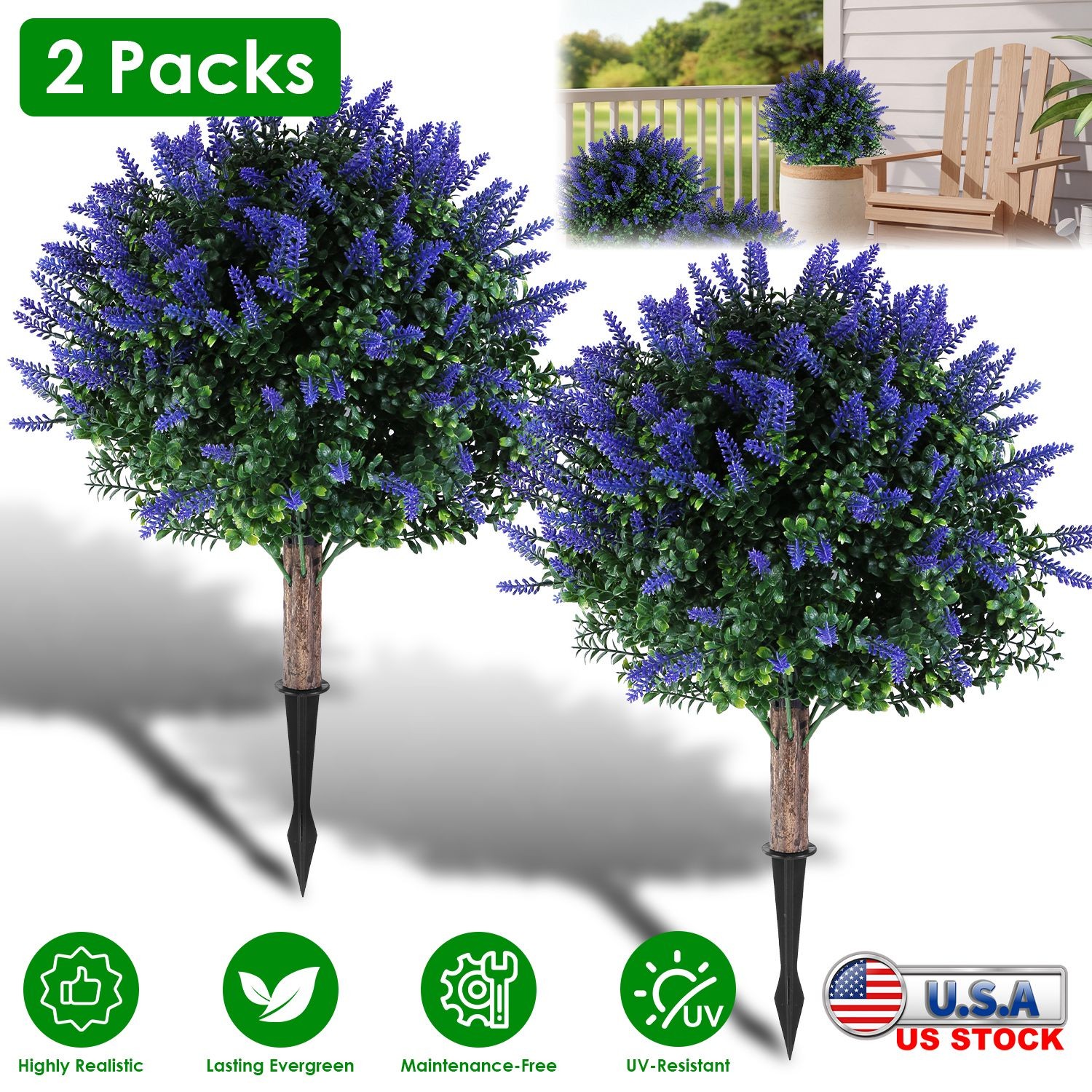 2Pack UV Resistant Artificial Lavender Topiary Ball Trees 20 In Tall For Outdoor