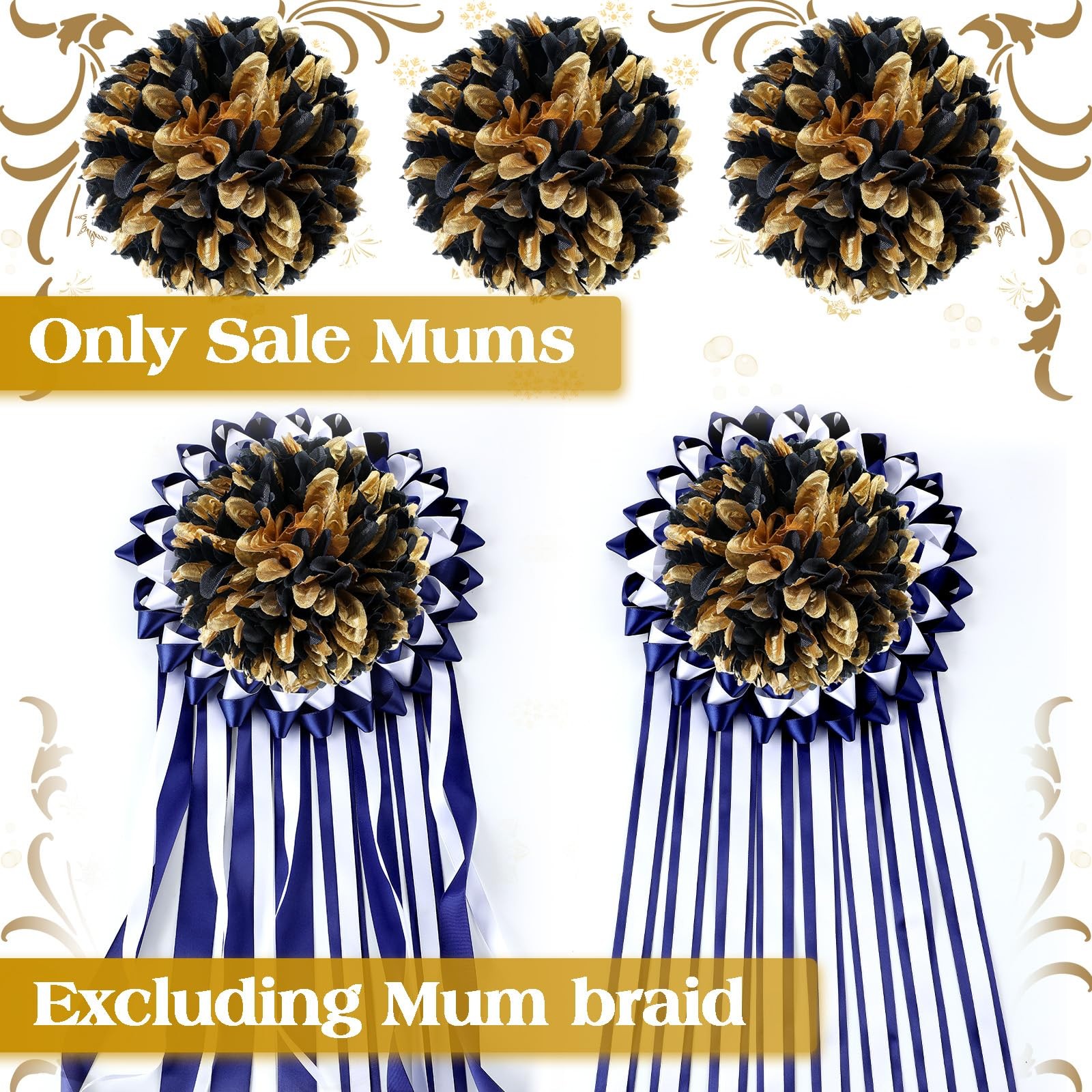 3 PCS 6.5″ Black and Gold Homecoming Mum Flowers Artificial Silk Supplies