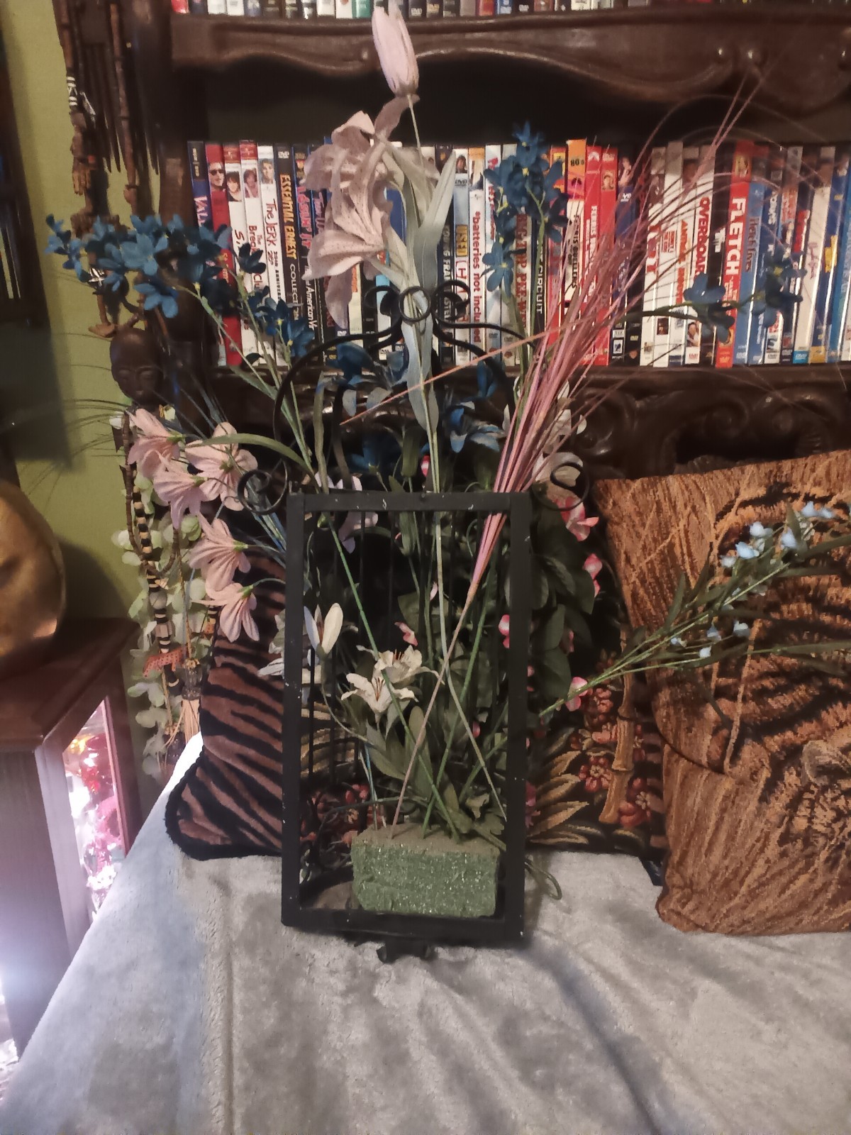 Large HODA black Iron metal half cage wall artificial flower arrangement.