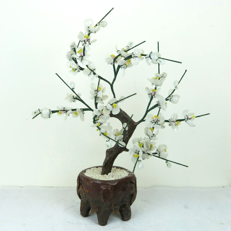 Glass Artificial Flowers Bonsai Plant – White Green Porcelain Pot 14″H New
