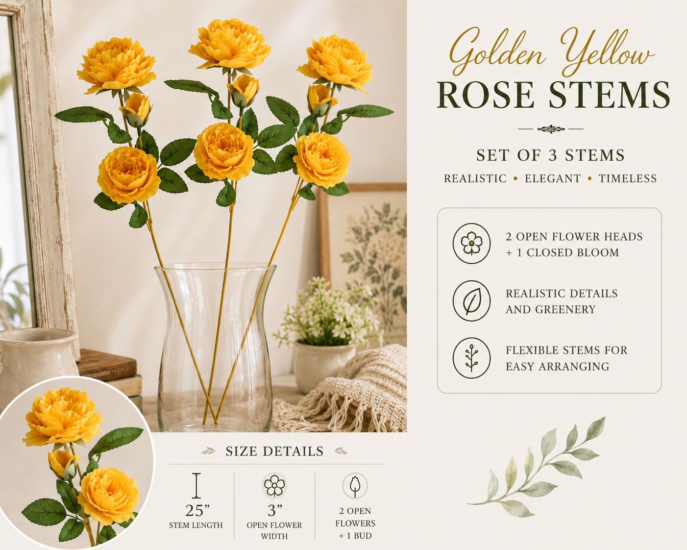 Set of 3 Golden Yellow Rose Stems Faux Roses Artificial Flowers Farmhouse Cottag