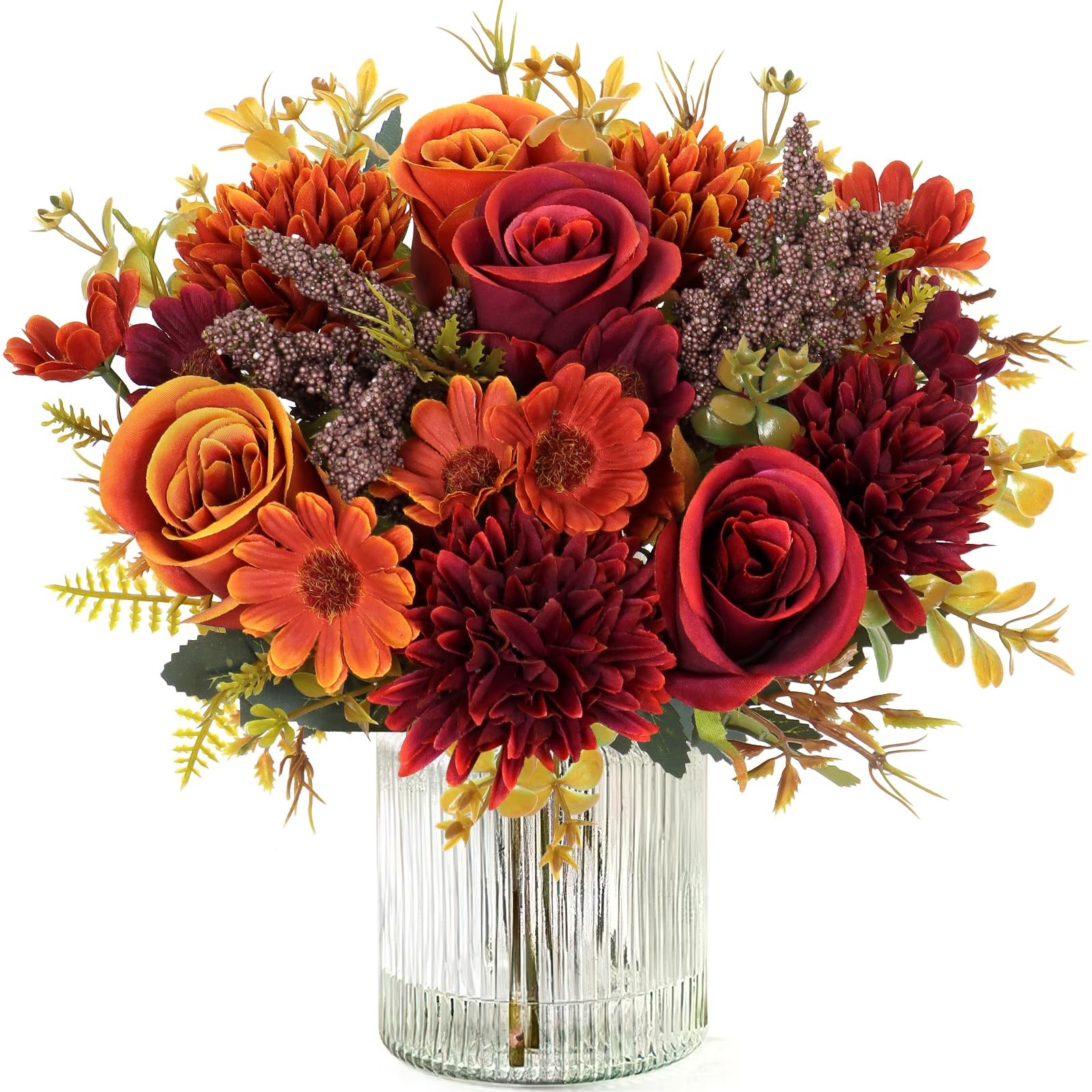 2 Packs Artificial Fall Flowers Silk Roses Bouquet with Daisy Chrysanthemum