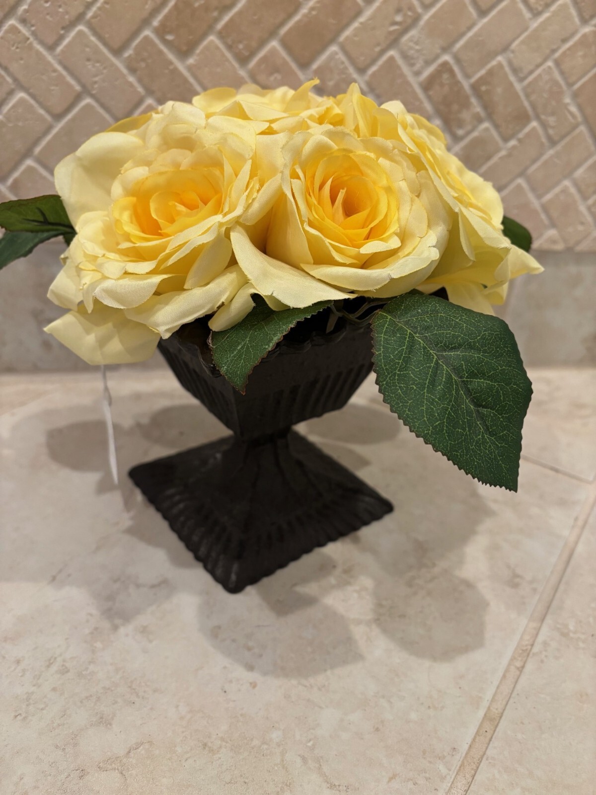 Silk Yellow Roses Faux Flower Arrangement Bronze Pedestal Metal Vase