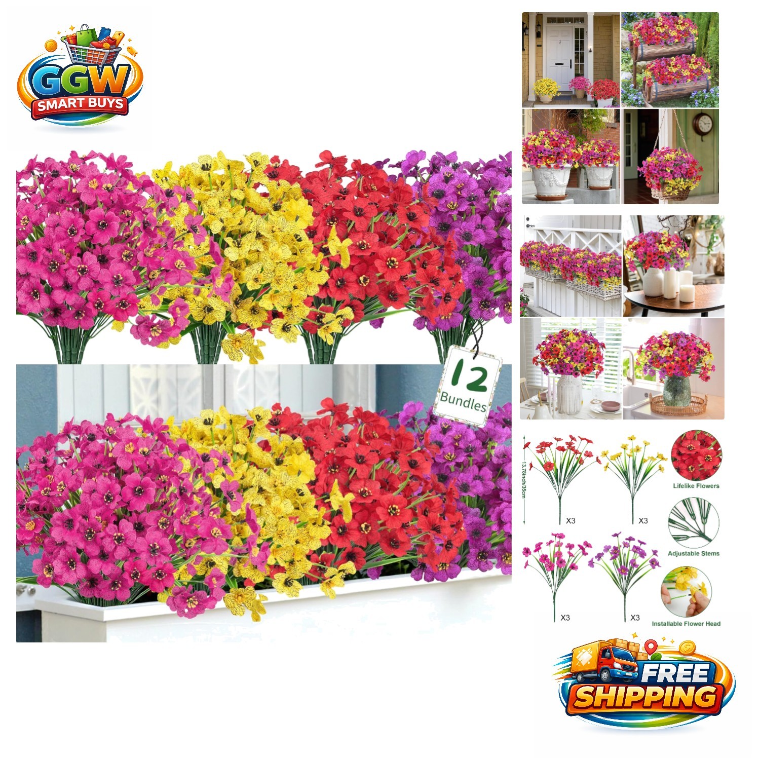 Bright and Colorful 12 Bundles of Waterproof Faux Flowers for Every Occasion