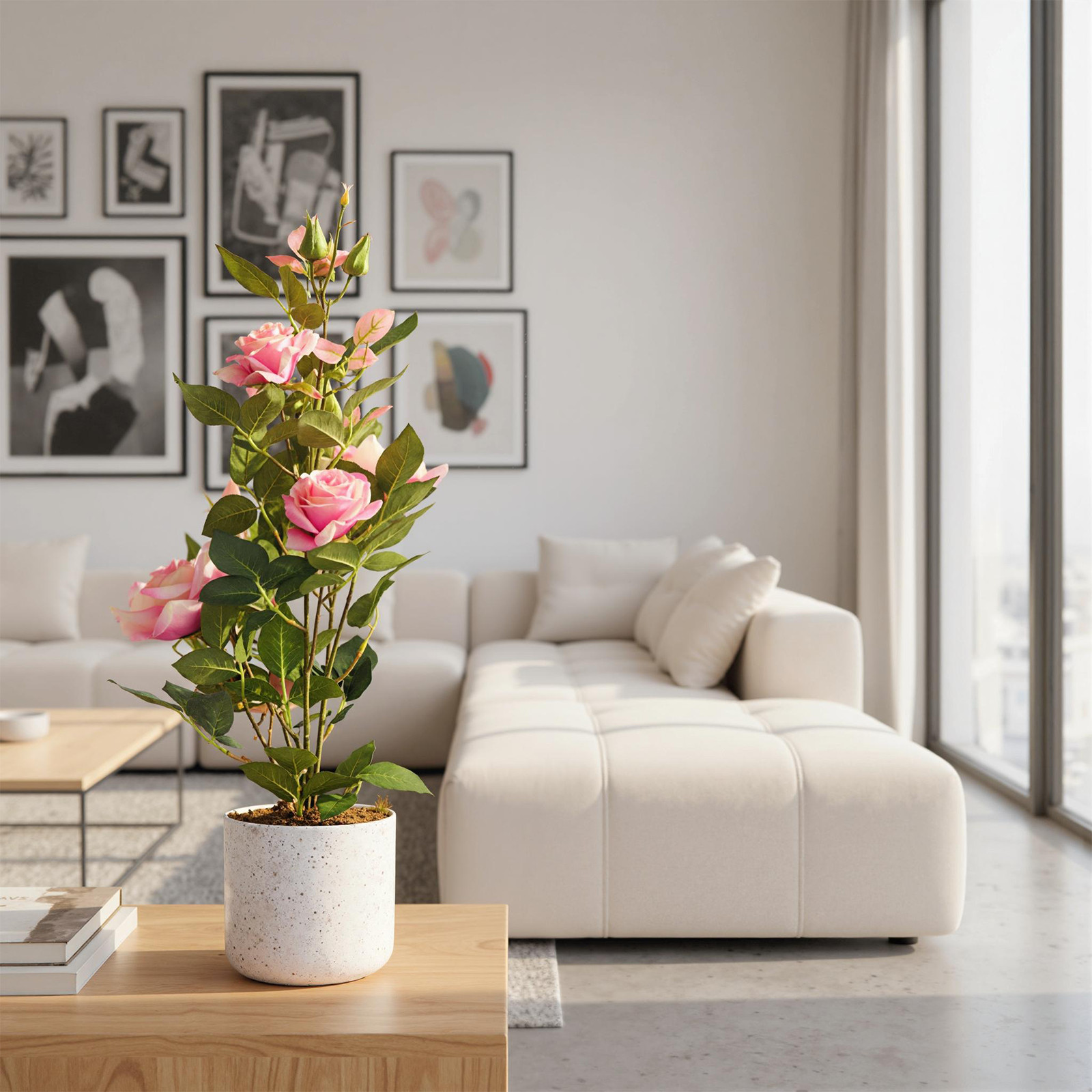 21.6″ Artificial Rose Plant in Pot 1 Pot w/2 Faux Flowers Lifelike Indoor Décor