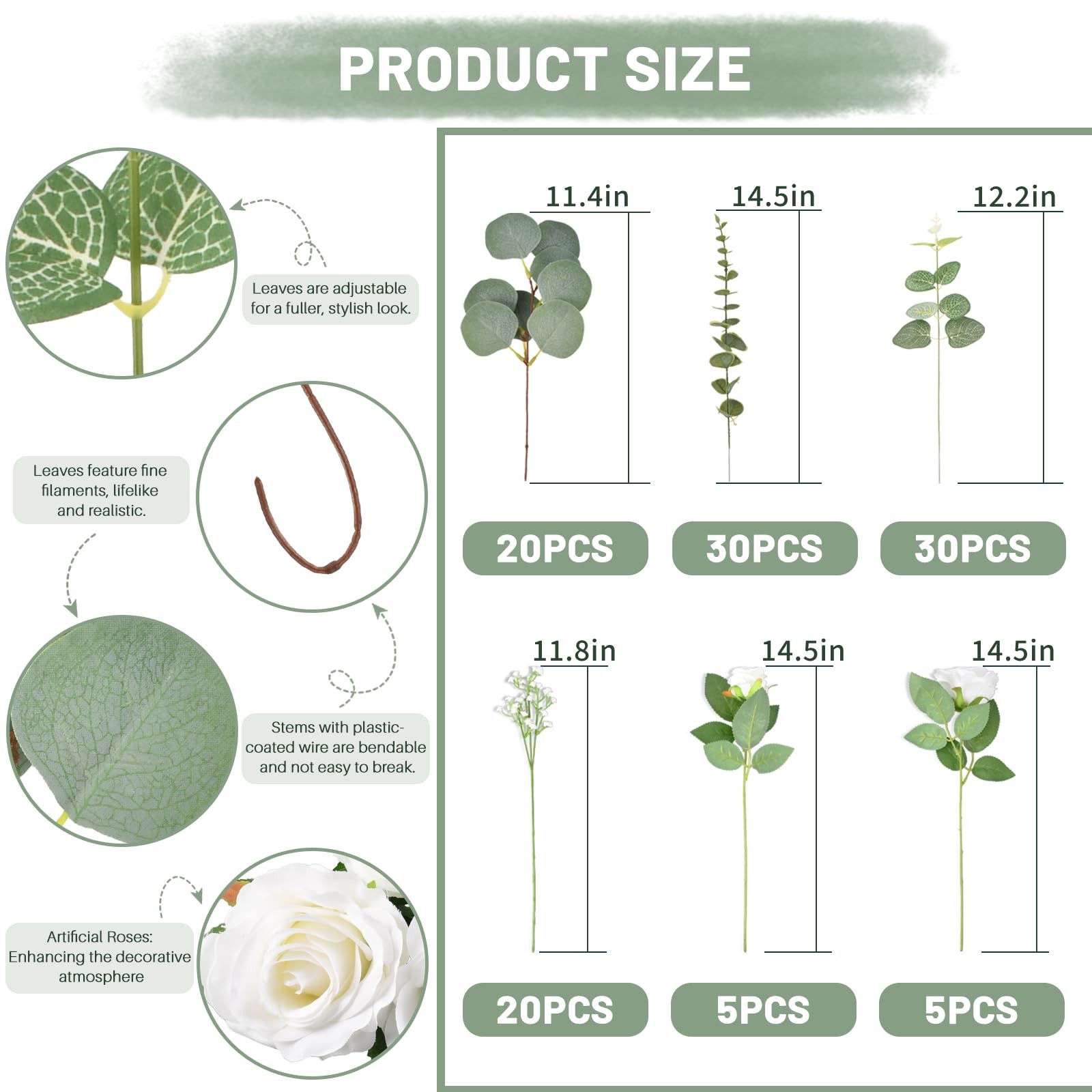 110 Pcs Artificial Eucalyptus Stems and Faux Flowers, 5 Kinds Greenery Stems …