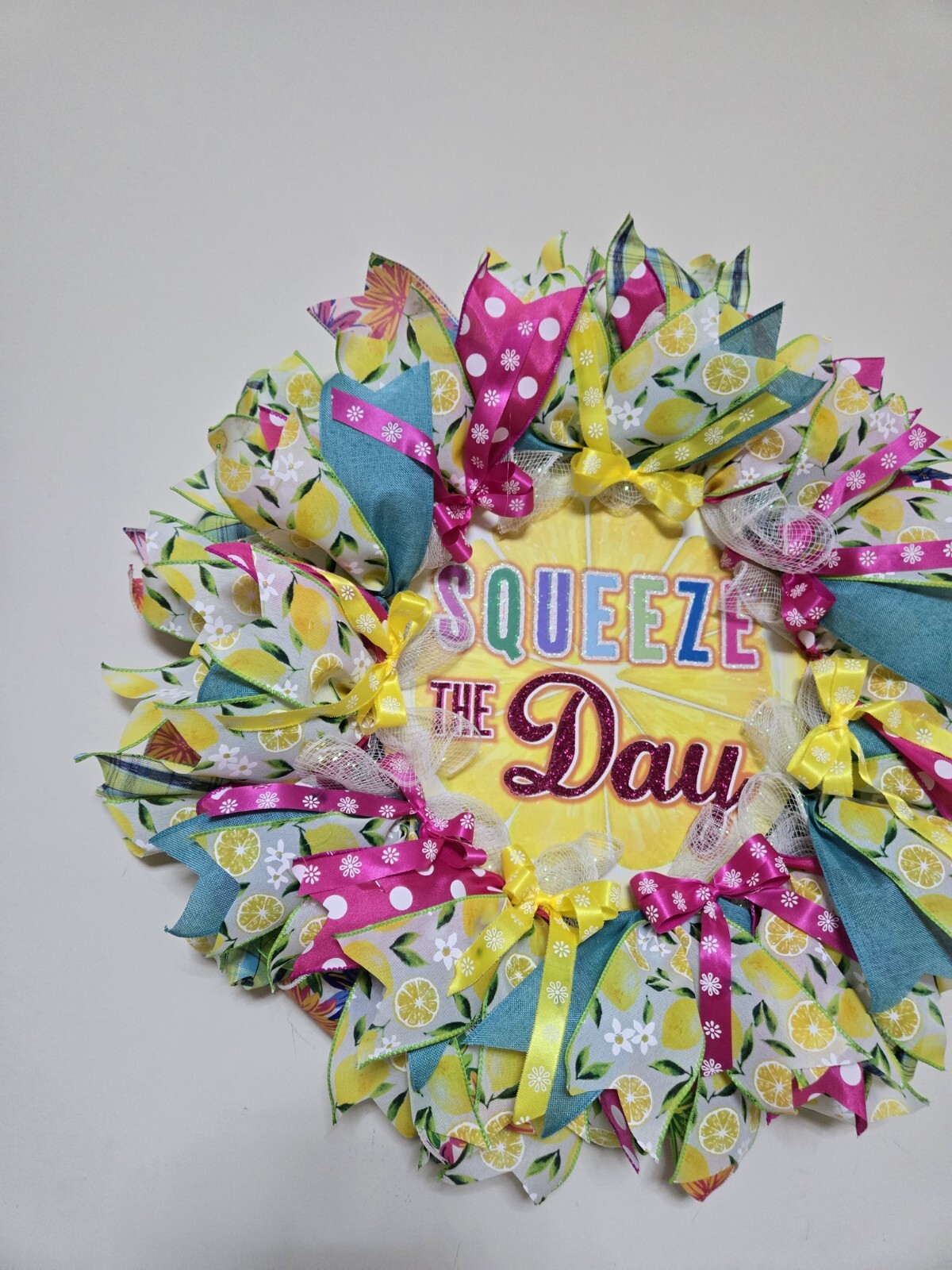 WREATH SQUEEZE THE DAY Spring SUMMER Fall Front Door Wall Decor BIG bright every
