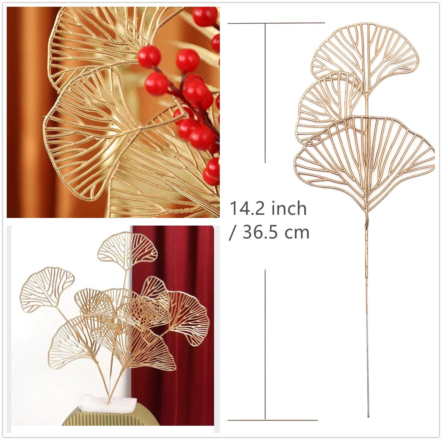 Artificial Golden Ginkgo Leaf Stems for Christmas Decor, Fake Gold Apricot Le…
