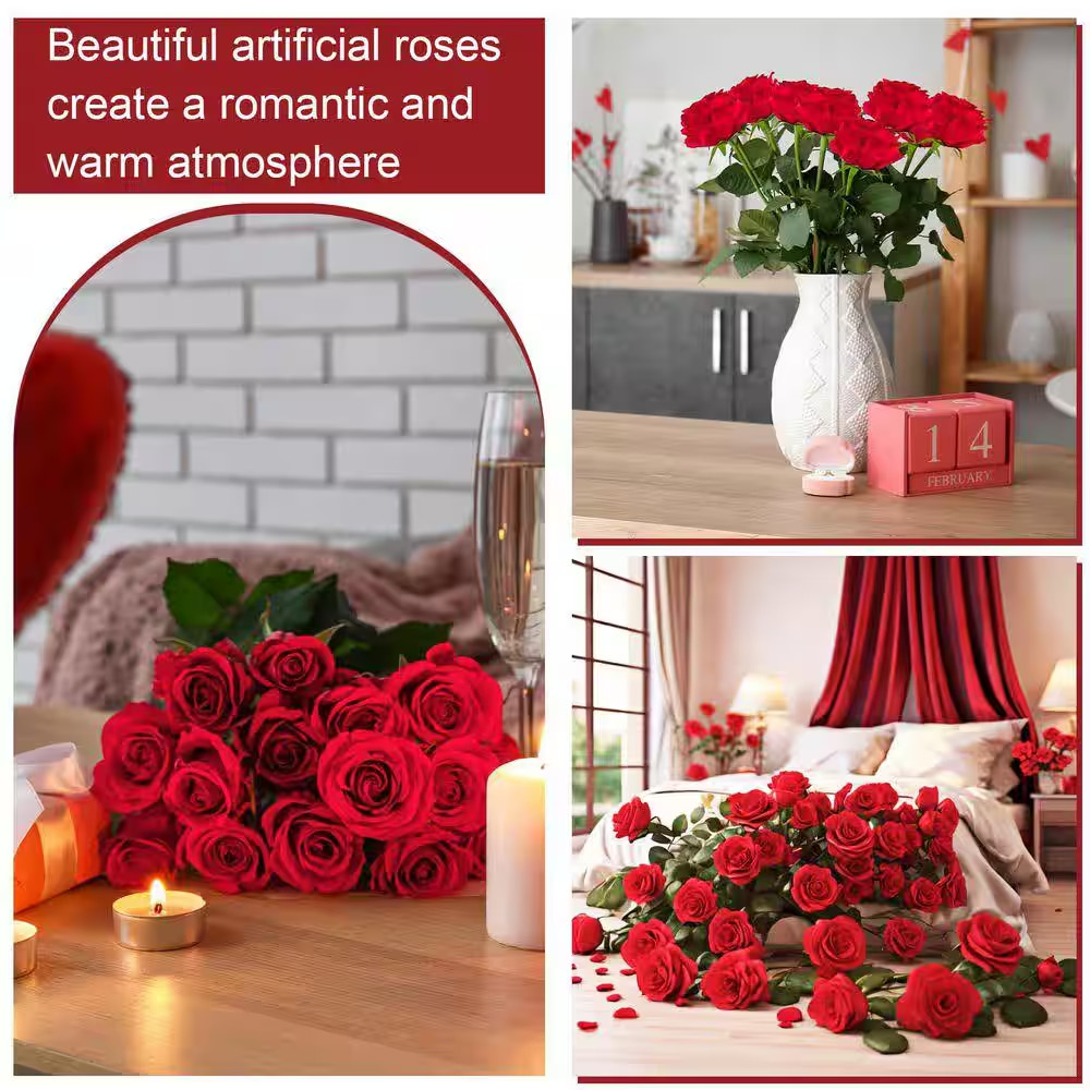 17.7 In. 50 Piece Red Indoor Artificial Roses Silk Flowers for Valentines Weddin