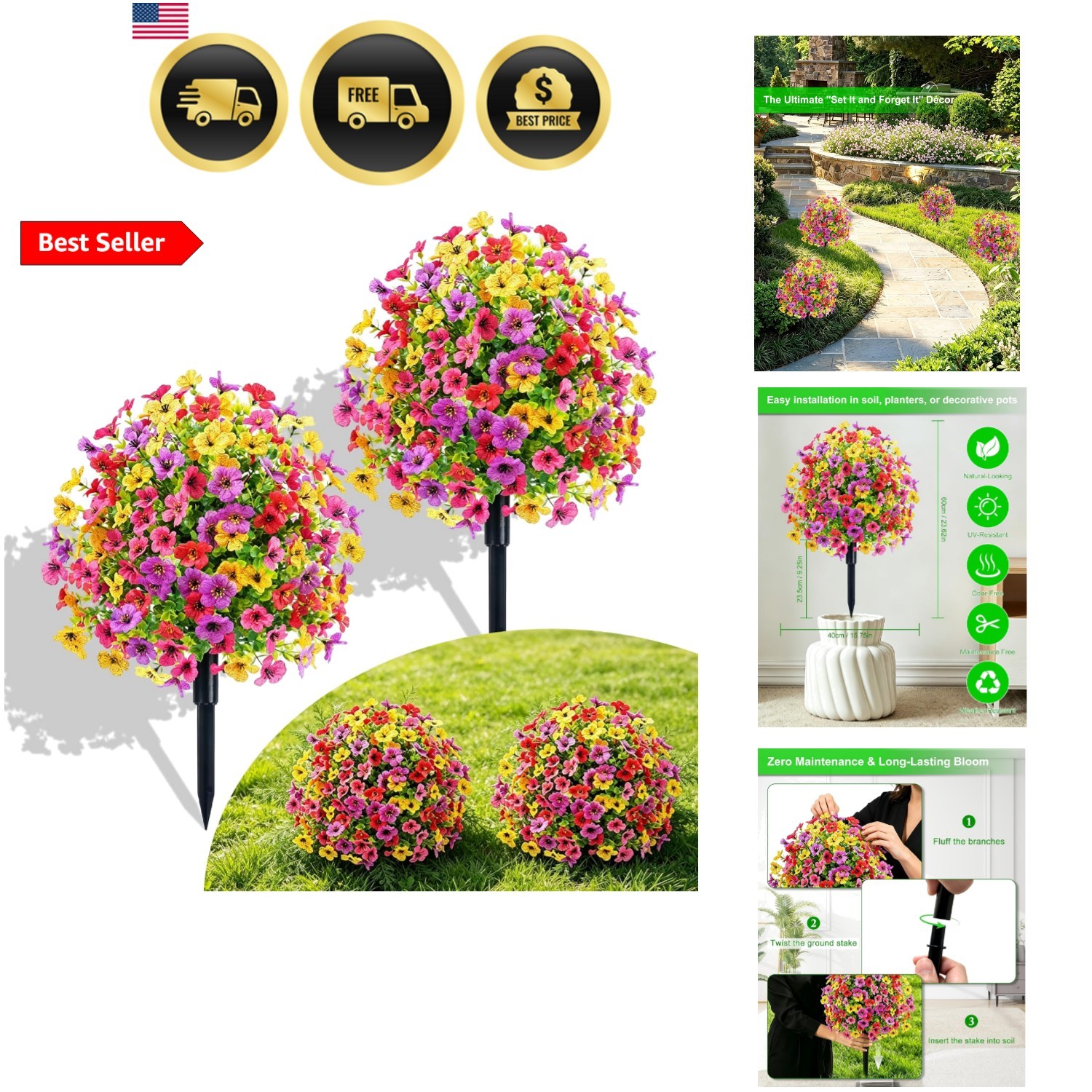 Artificial Topiary Ball Tree Violet Flowers with Spike, 2 Pack 23.6″ Faux Pla…