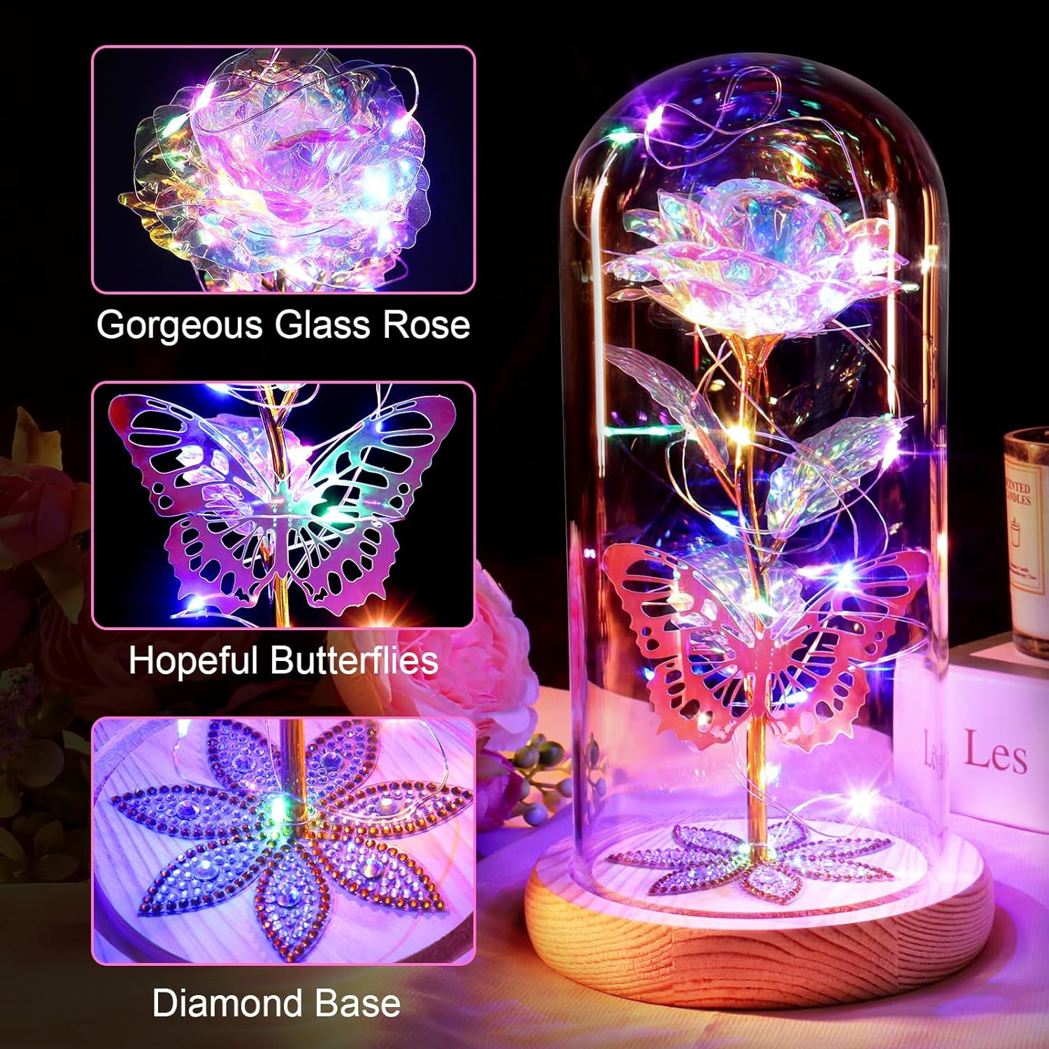 Rosas Artificiales Con Luz LED En Domo De Cristal Regalos Para Cumpleaños Mujer