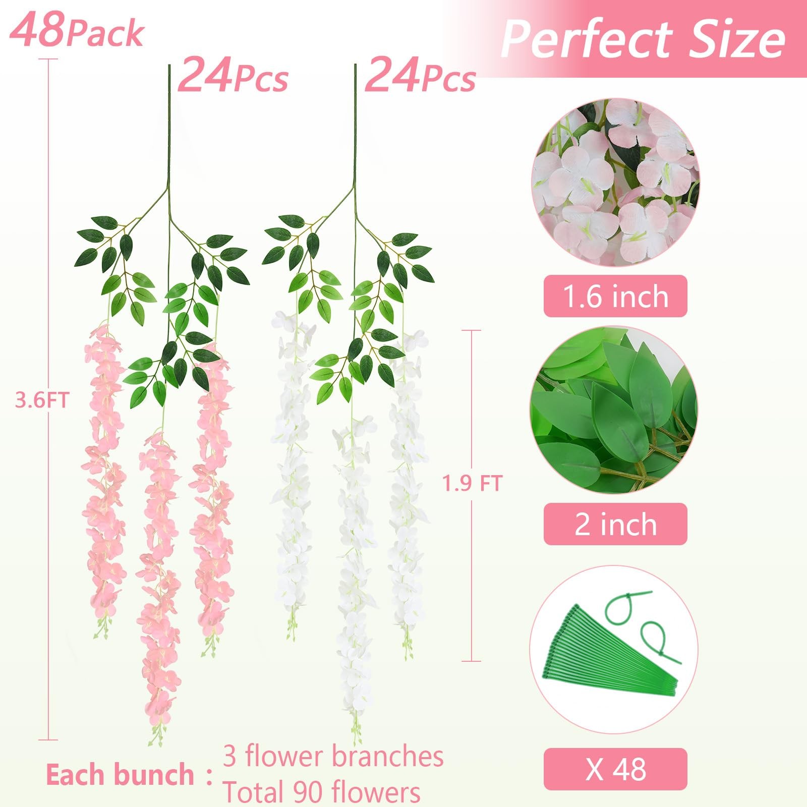 48Pcs Artificial Wisteria Hanging Flowers, 3.6Ft/Pcs White & Pink Fake Wister…