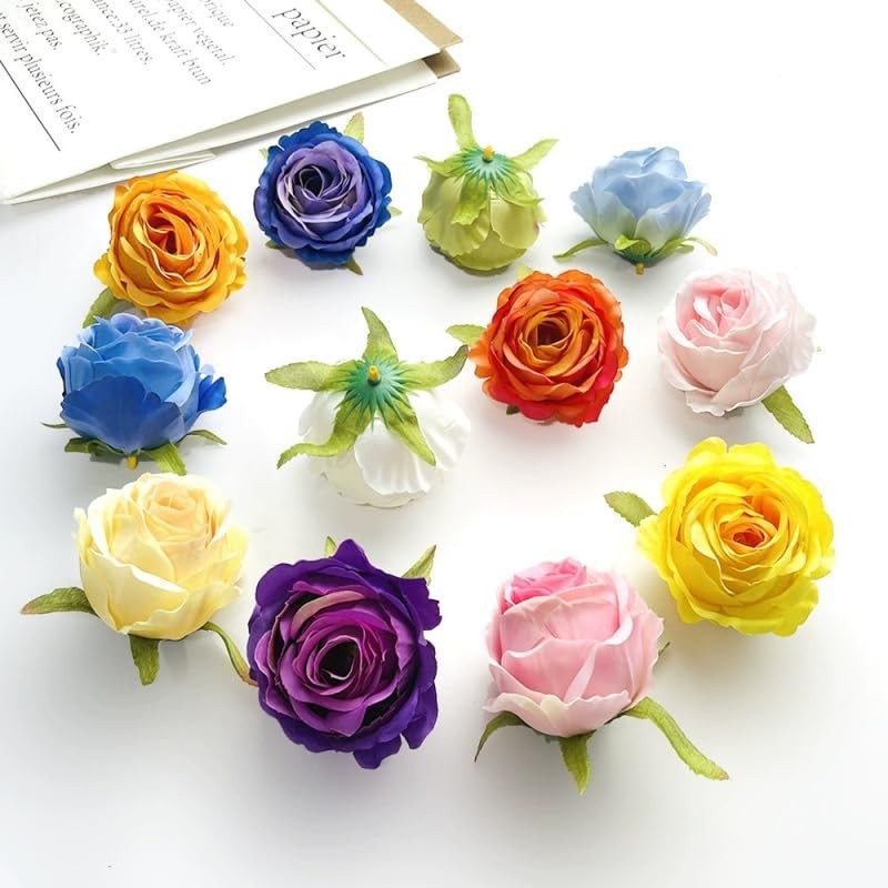 Multicolour 3 Inch Silk Rose Heads With Clips For Crafts Cake Decor 14 PCS