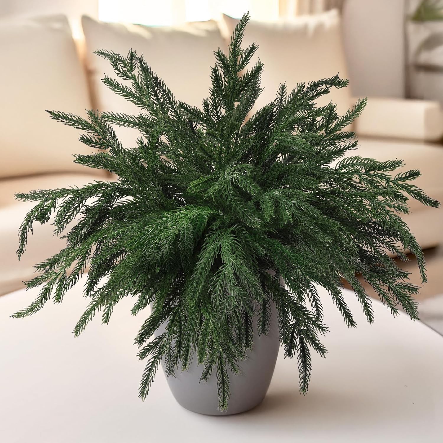 10PCS Christmas Norfolk Pine Stems, Real Touch 15 Inch Artificial Green