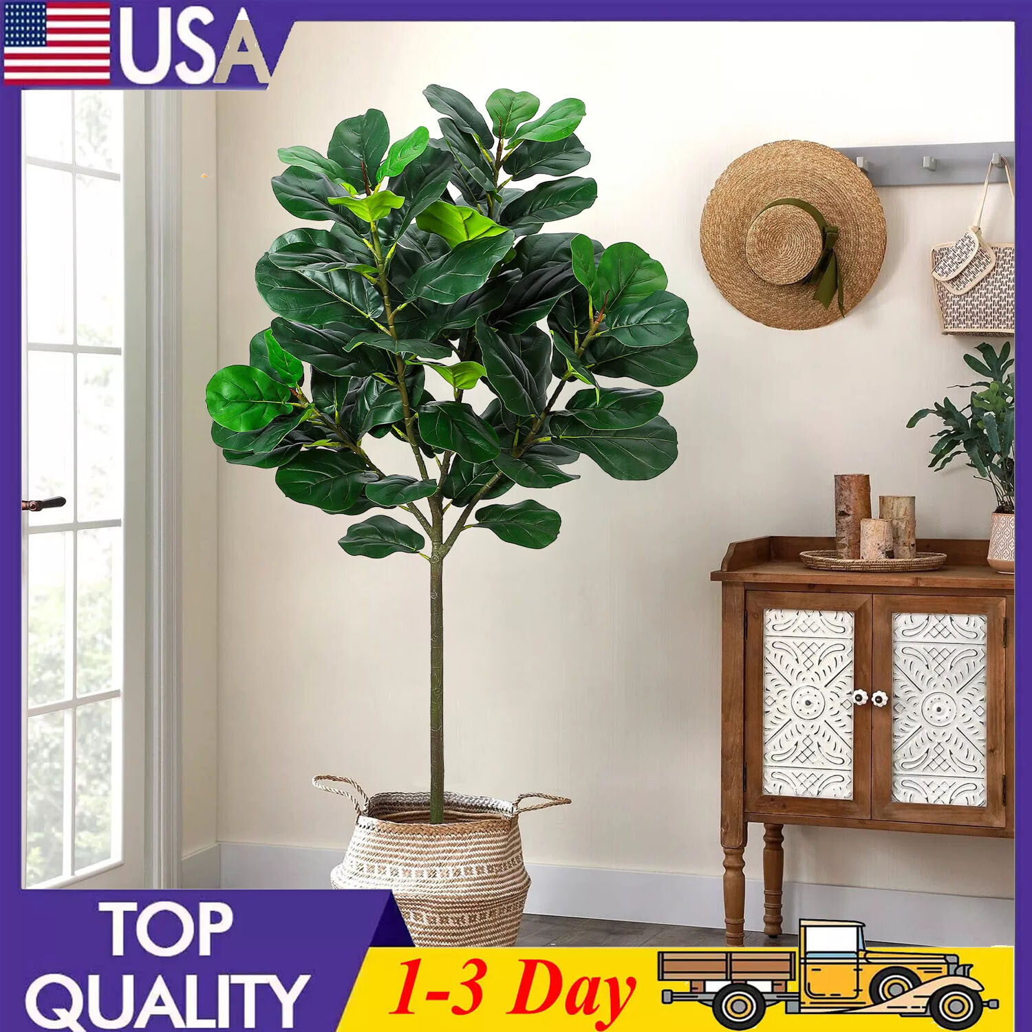 Artificial Fiddle Leaf Fig Tree 5.2ft Faux Ficus Lyrata Plants in Pot Decor