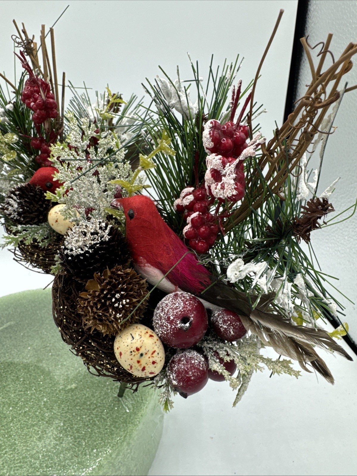 4 Vintage Cardinal Nest Faux Stems Stick Pinecone Berries Egg 9” Snow