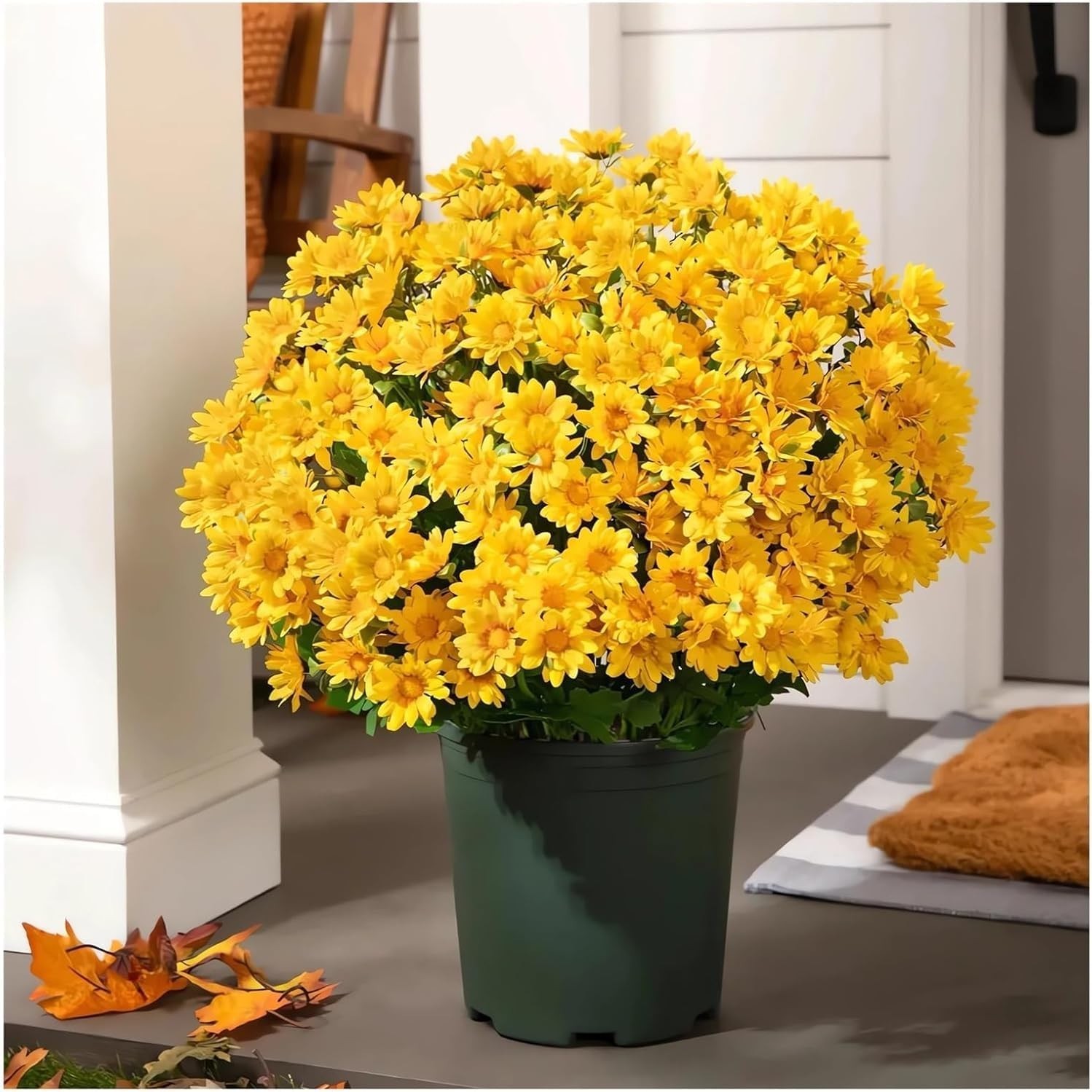 Durable Outdoor Decor – 5PCS Waterproof Yellow Mums with Eucalyptus Leaves