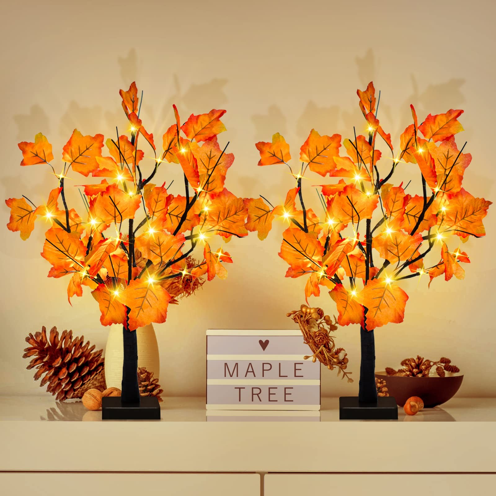 2 Pack 24-inch Fall Lighted Maple Tree, 48 LED Lights, Thanksgiving Decoratio…
