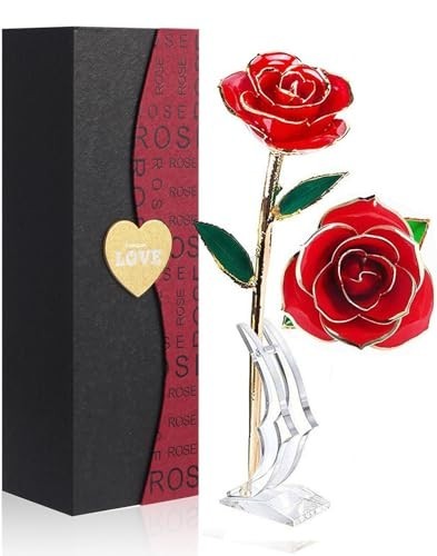 24K Gold Dipped Red Rose – Real Long Stem, Exquisite Holder, Romantic Gift for V