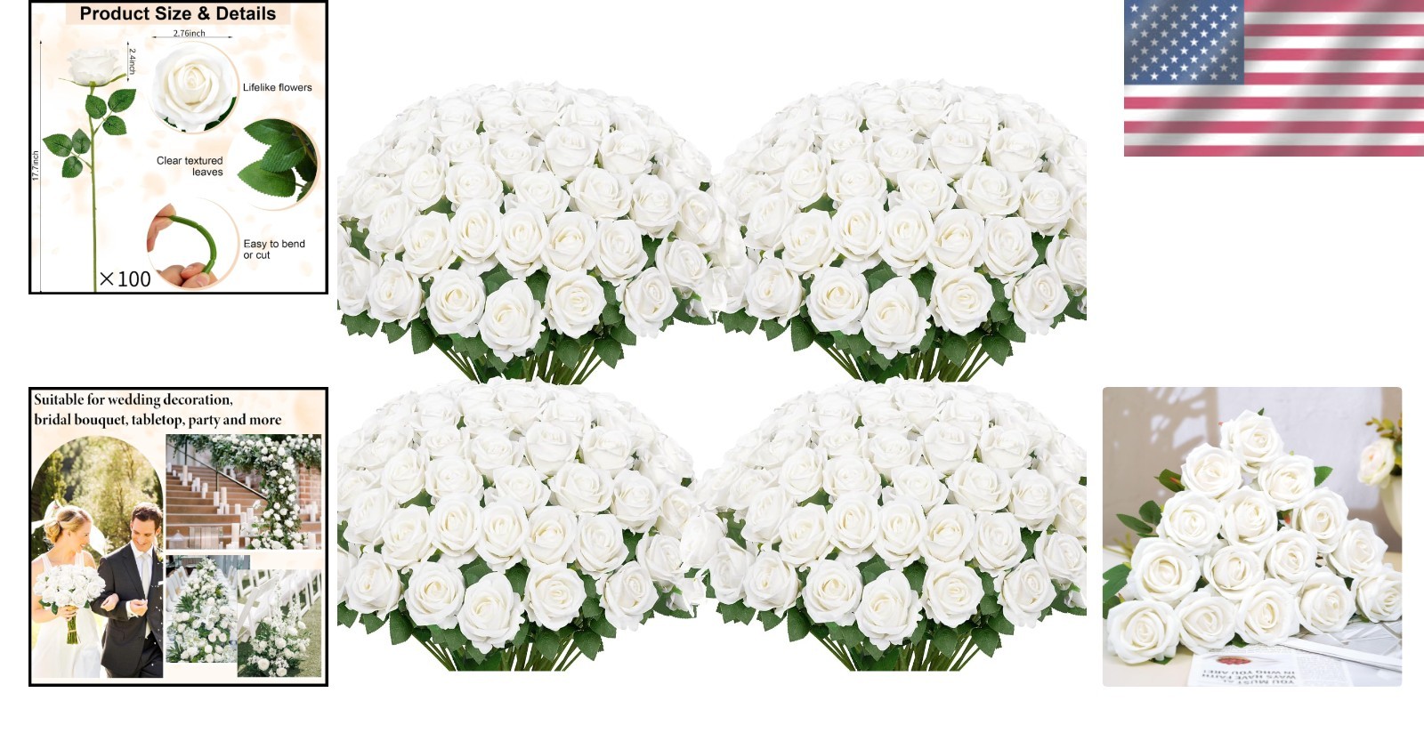 100 Pcs Velvet Silk Fake Roses – Long Stem White Flowers for Weddings & Decor