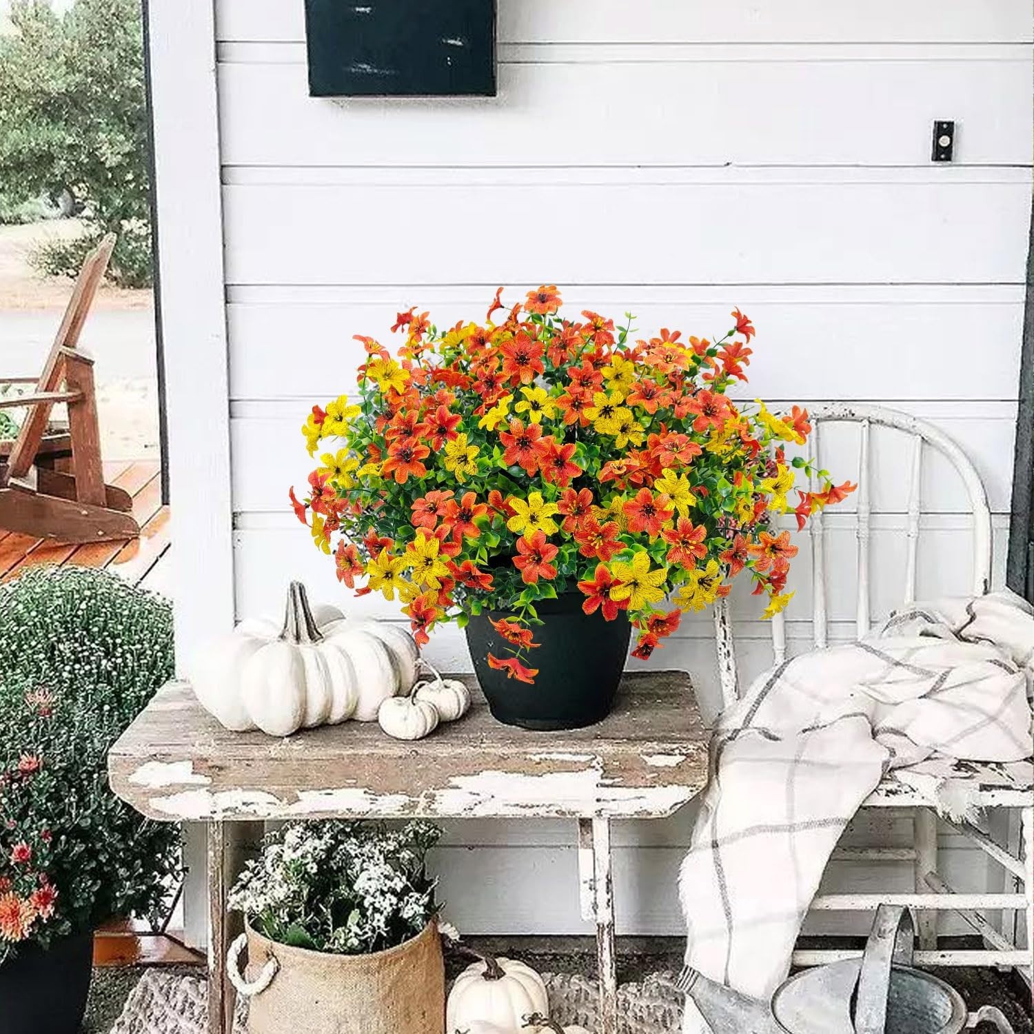 12 Bundles Faux Fall Flowers Artificial Mums for Outdoors (Orange+Yellow)