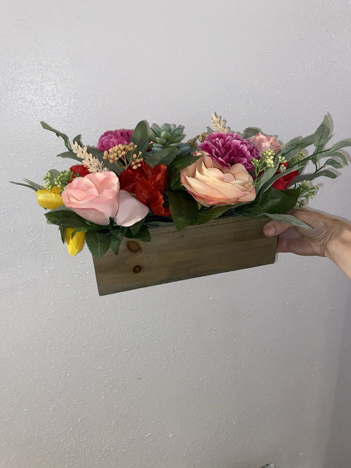 Kirklands Artificial Multicolor Flowers with Rose & Succulent in Wooden Box