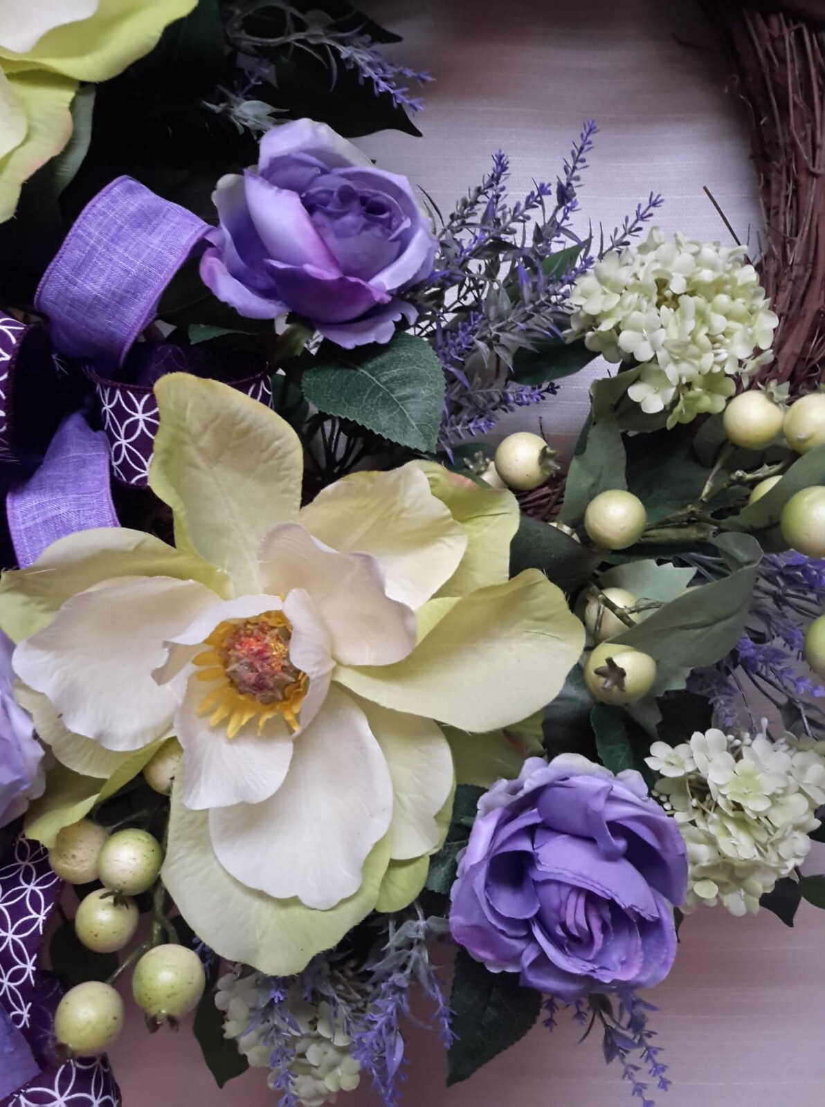 Summer Flower Door Wreath Magnolia Traditional Southern Style Decor Purple Rose