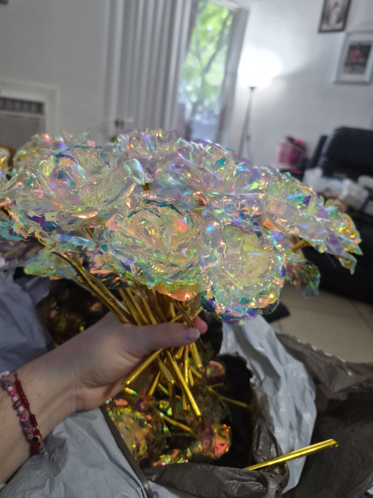 Artificial Iridescent Multicolor Flower Stem Floral Pick, Gold Metal Stem