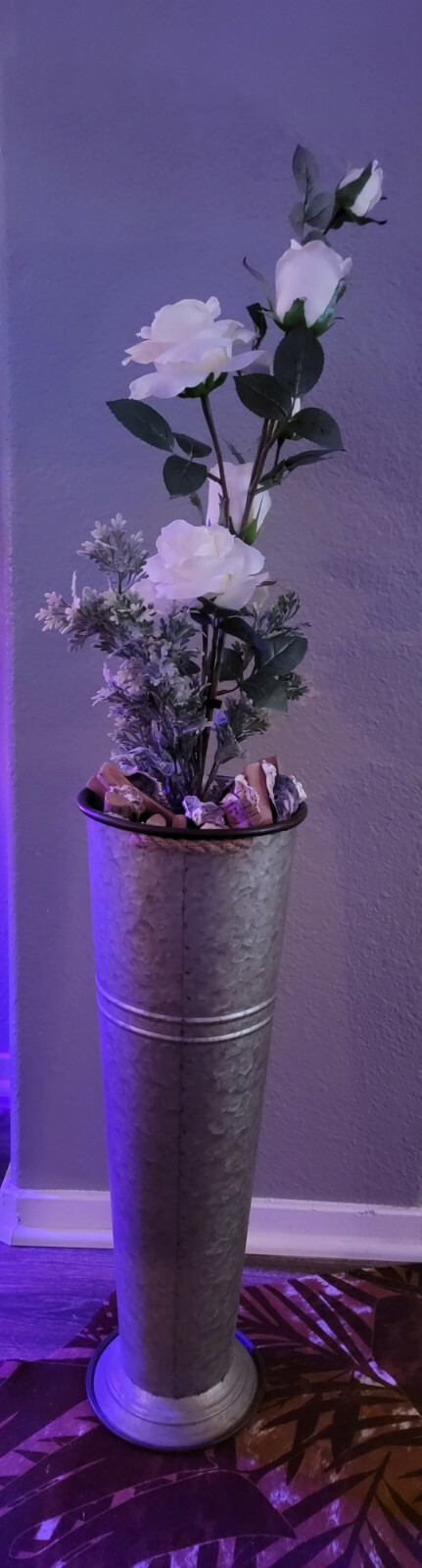 Artificial White Roses Floral Arrangement In a Galvanized Standing Floor Vase
