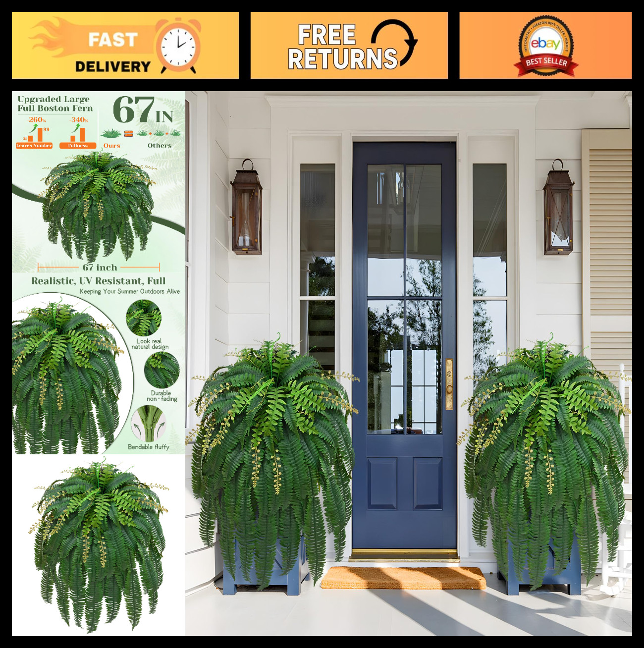Large Faux Ferns 67″ – 2 Pcs Realistic Artificial Plants for Outdoor Decor, UV R