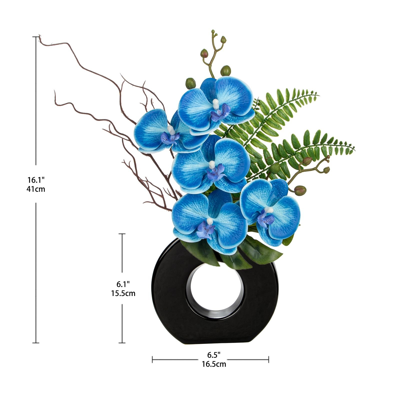 Blue Orchid Fake Flowers with Black Vase, 16.1” Artificial Orchid Silk Flowe…