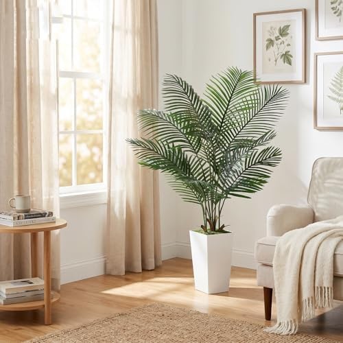 6FT Artificial Palm Tree, Palm Tree 72in Tall Faux with 15.7 White Planter, F…