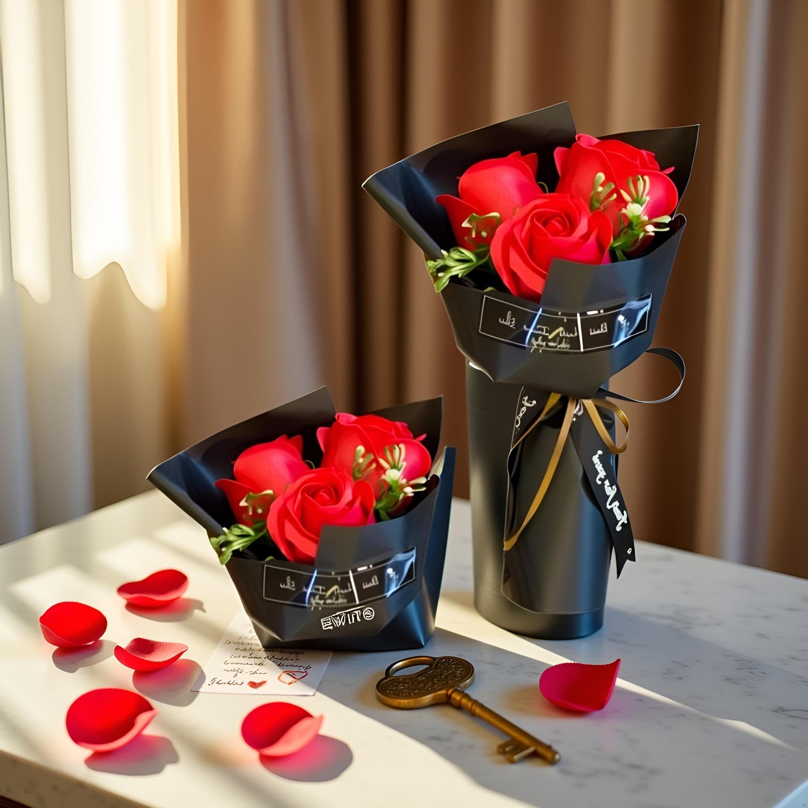 Red 3 Heads Artificial Rose Bouquet Soap Flower Petals Valentine Day Gifts fo…