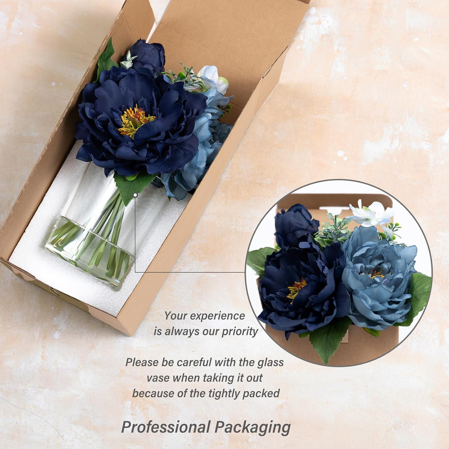 Silk Peony Flower Bouquet in Glass Vase with Fake Water – Navy & Light Blue