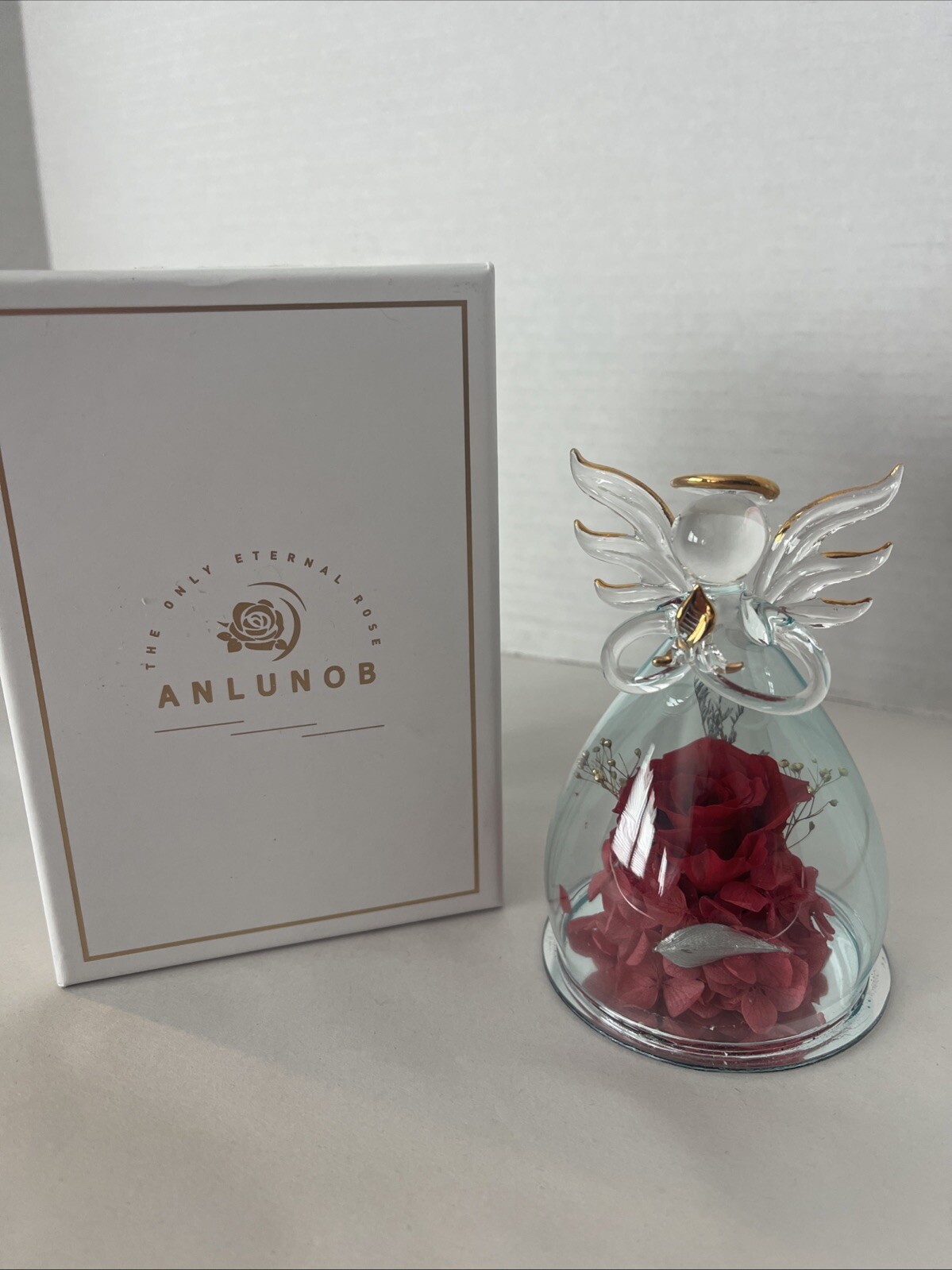 Angel Preserved Rose Real Red Flower Clear Glass Angel Anlunob Gifts 4.25”