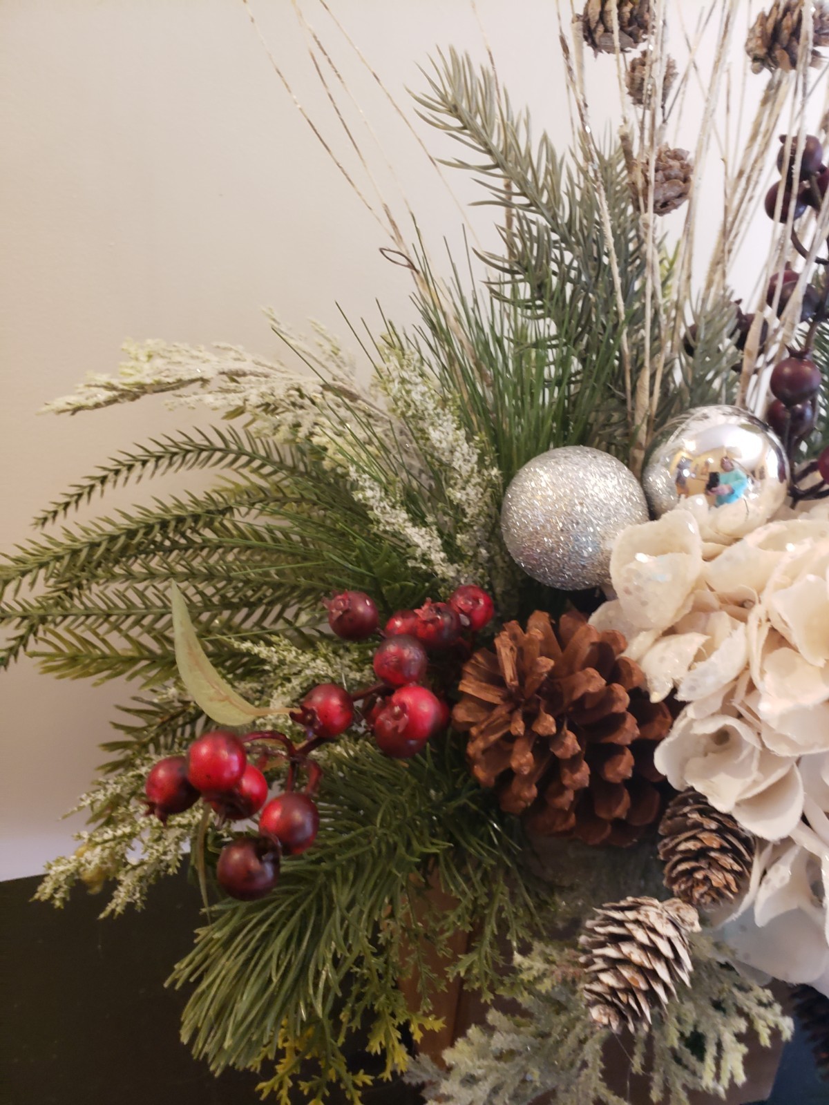 Cream Hydrangea Christmas Arrangement, Rustic Farmhouse Evergreen Decor