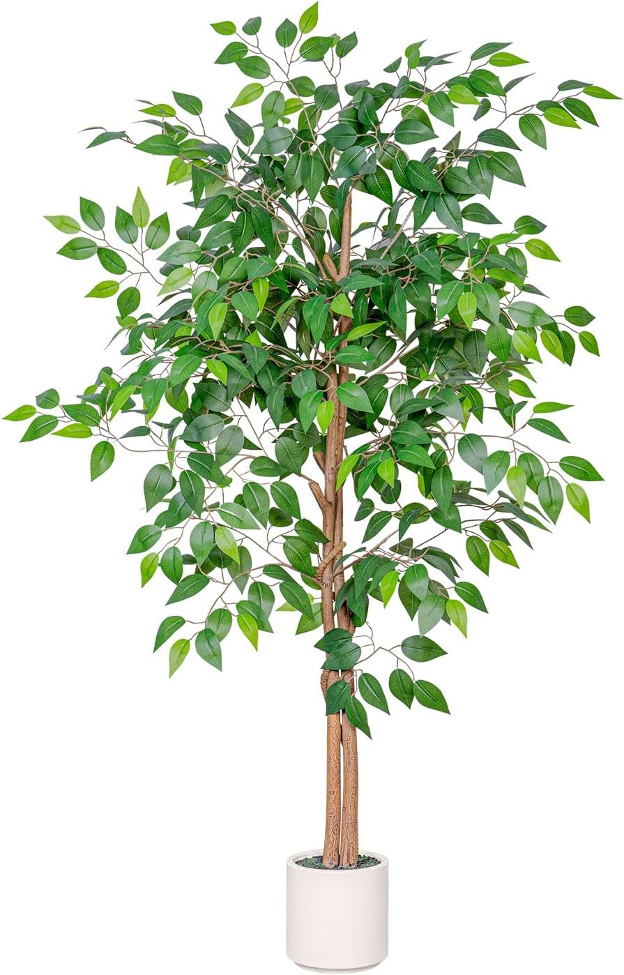 5FT Artificial Ficus Tree W/ White Planter Realistic Faux Silk Indoor Outdoor