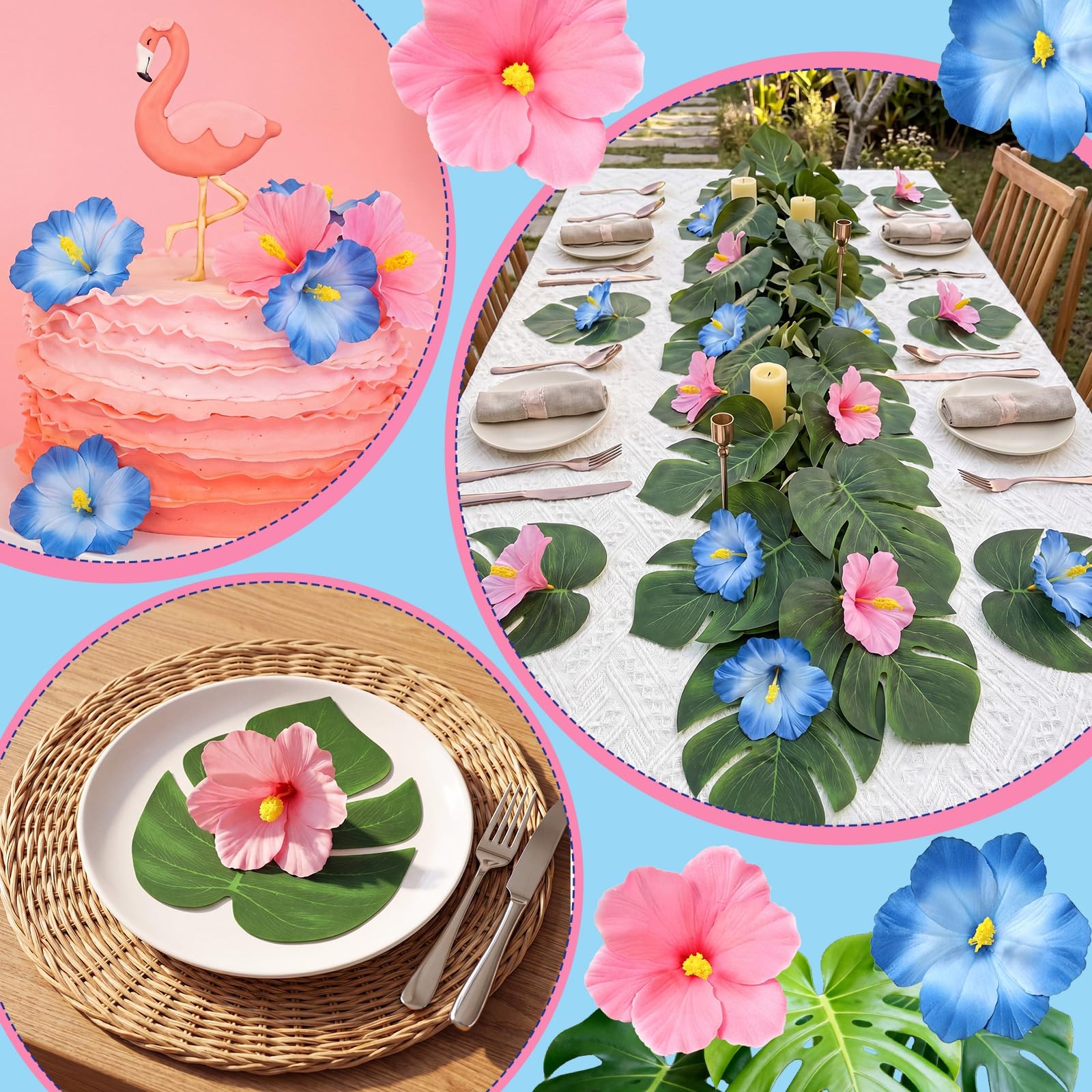 60 PCS Tropical Party Decorations Hibiscus Flower Palm Leaves Luau Table