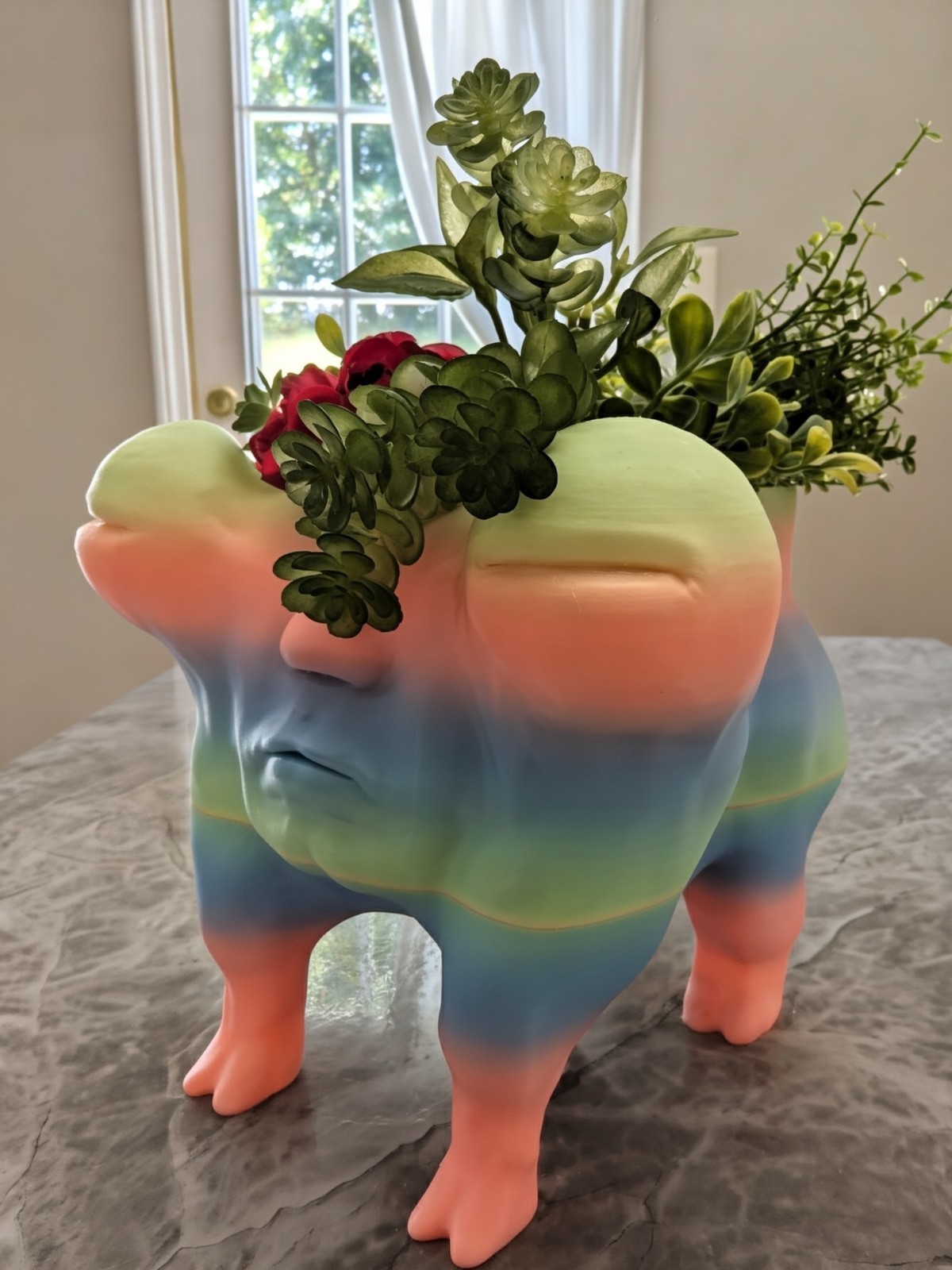 Whimsical Rainbow Dog Planter with Human Face