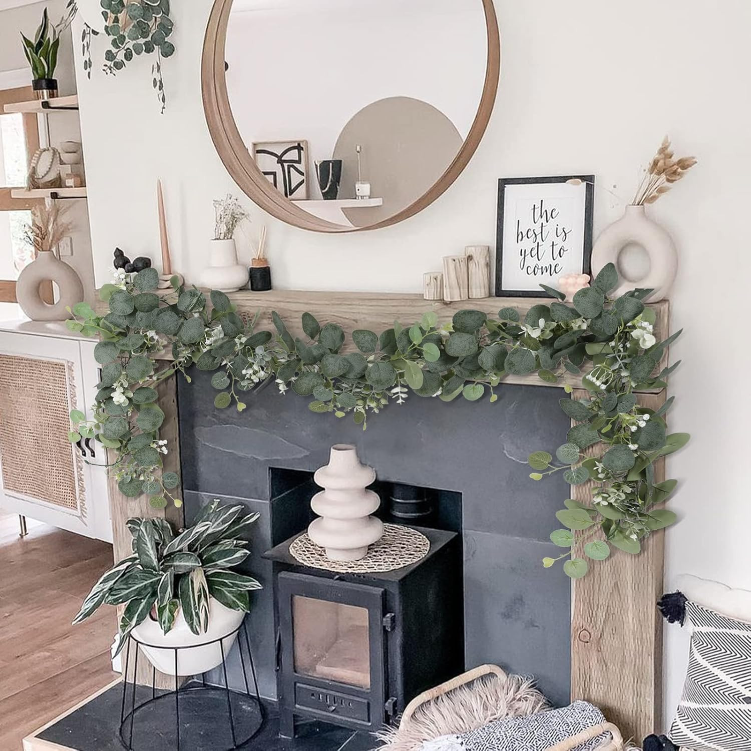 Artificial Eucalyptus Garland with White Flowers 2 Packs 5.9Ft Silver Dollar Lea
