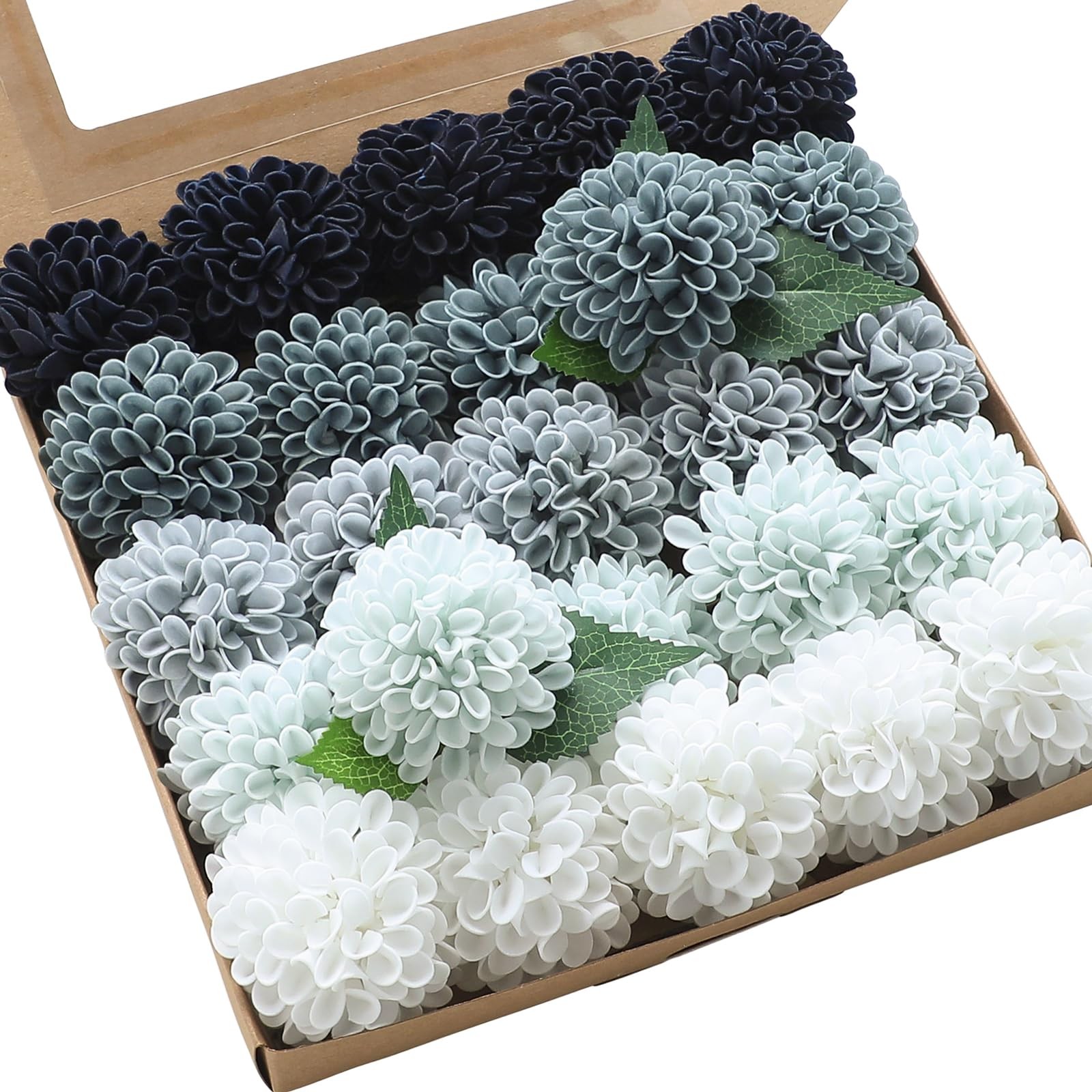 Artificial Dahlia Flowers 25pcs Real Looking Blue Shades Foam Fake Roses with…