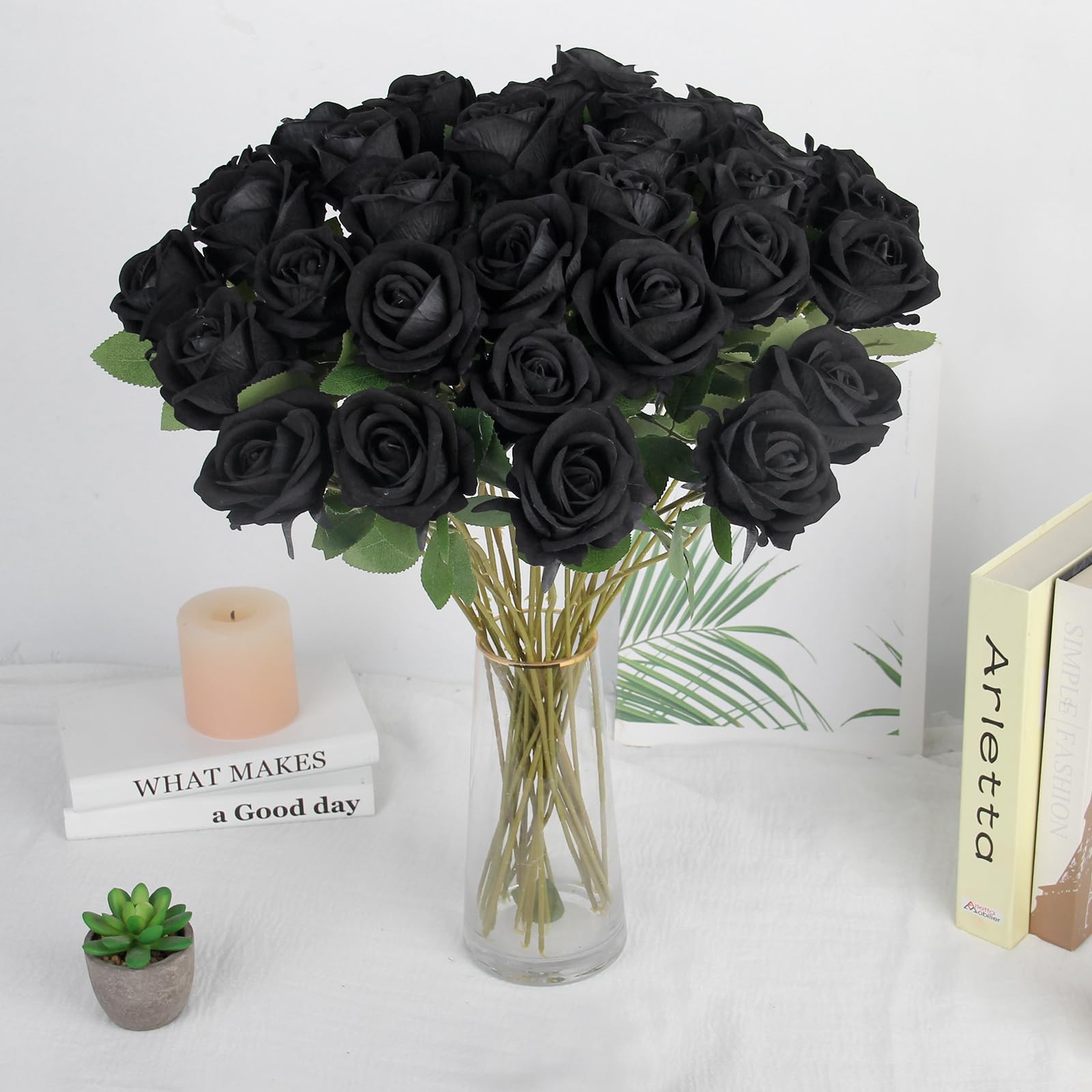 Black Artificial Flowers Fake Roses Bulk – 36 Pcs Velvet Silk Flowers Rose Bo…
