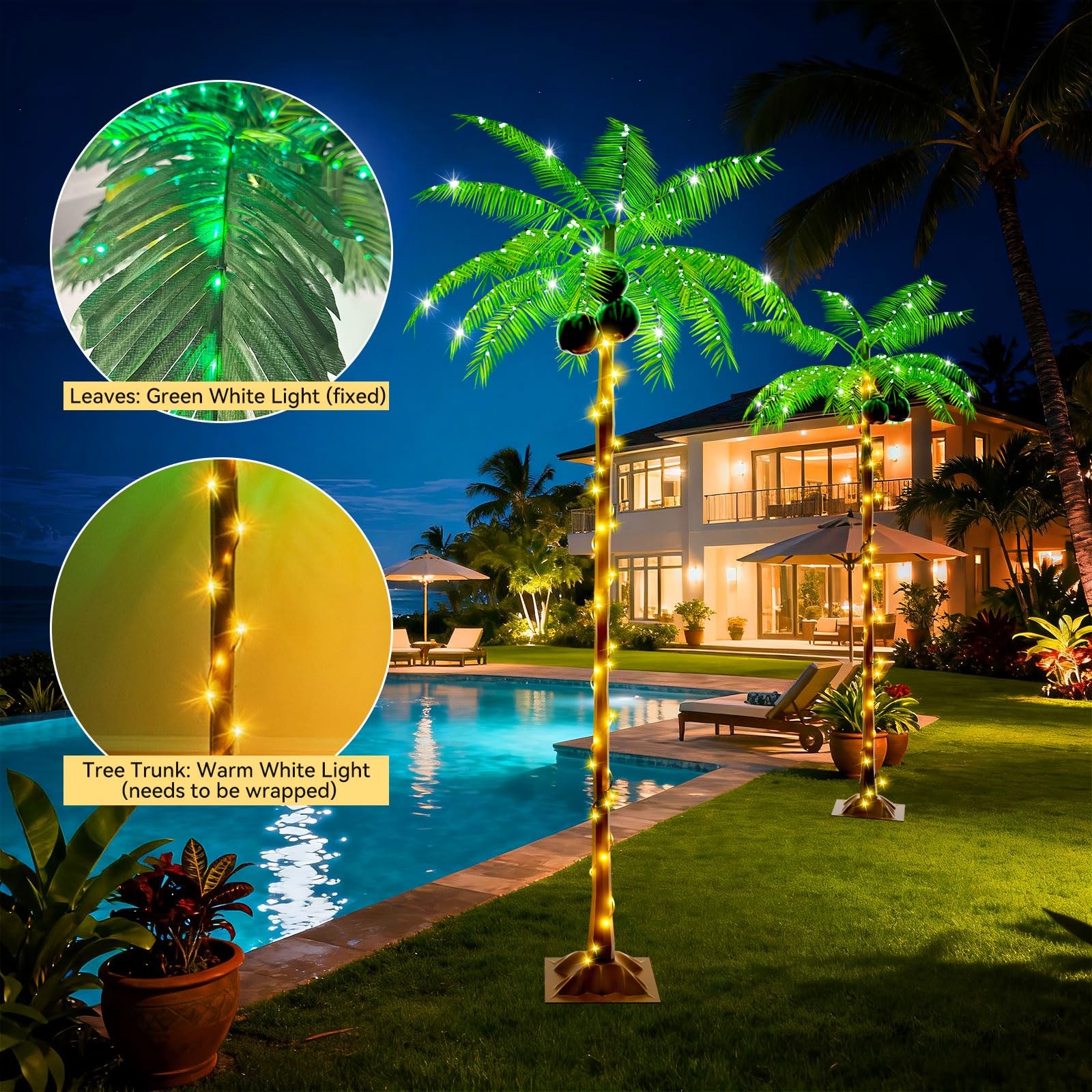 Ledido 5FT Christmas Palm Tree for Outdoor, 5ft, Warm White（solar&plug）