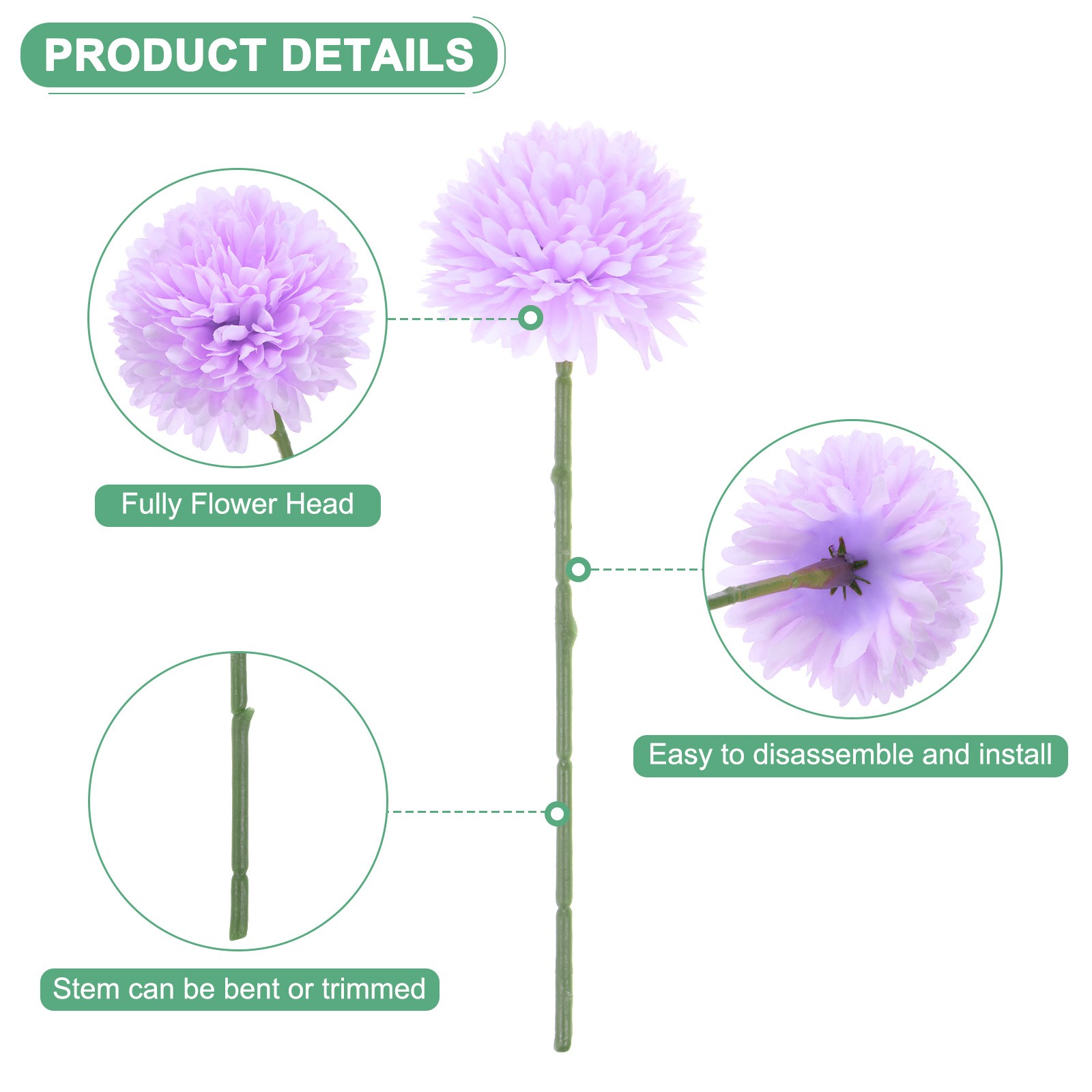12-Pack Artificial Chrysanthemum Ball Flowers White,Pink,Purple,Blue