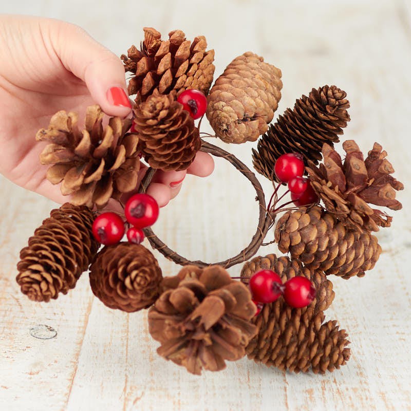 Group of 6 Pinecone and Artificial Winterberry Berry Candle Ring