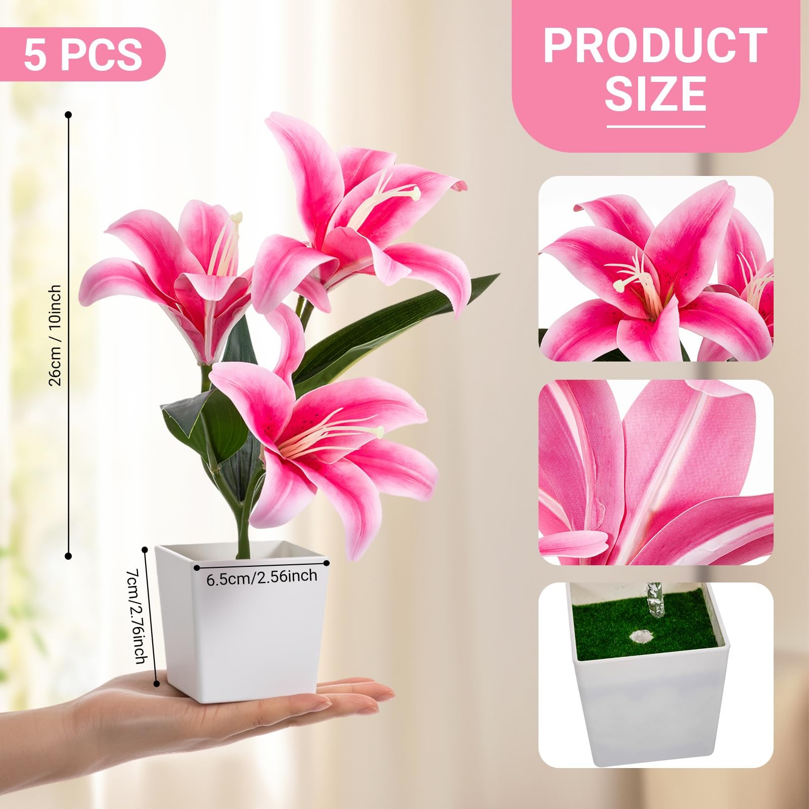 5 Pcs Artificial Lily Flowers Small Potted Tiger Lily Fake Silk Faux Spring E…